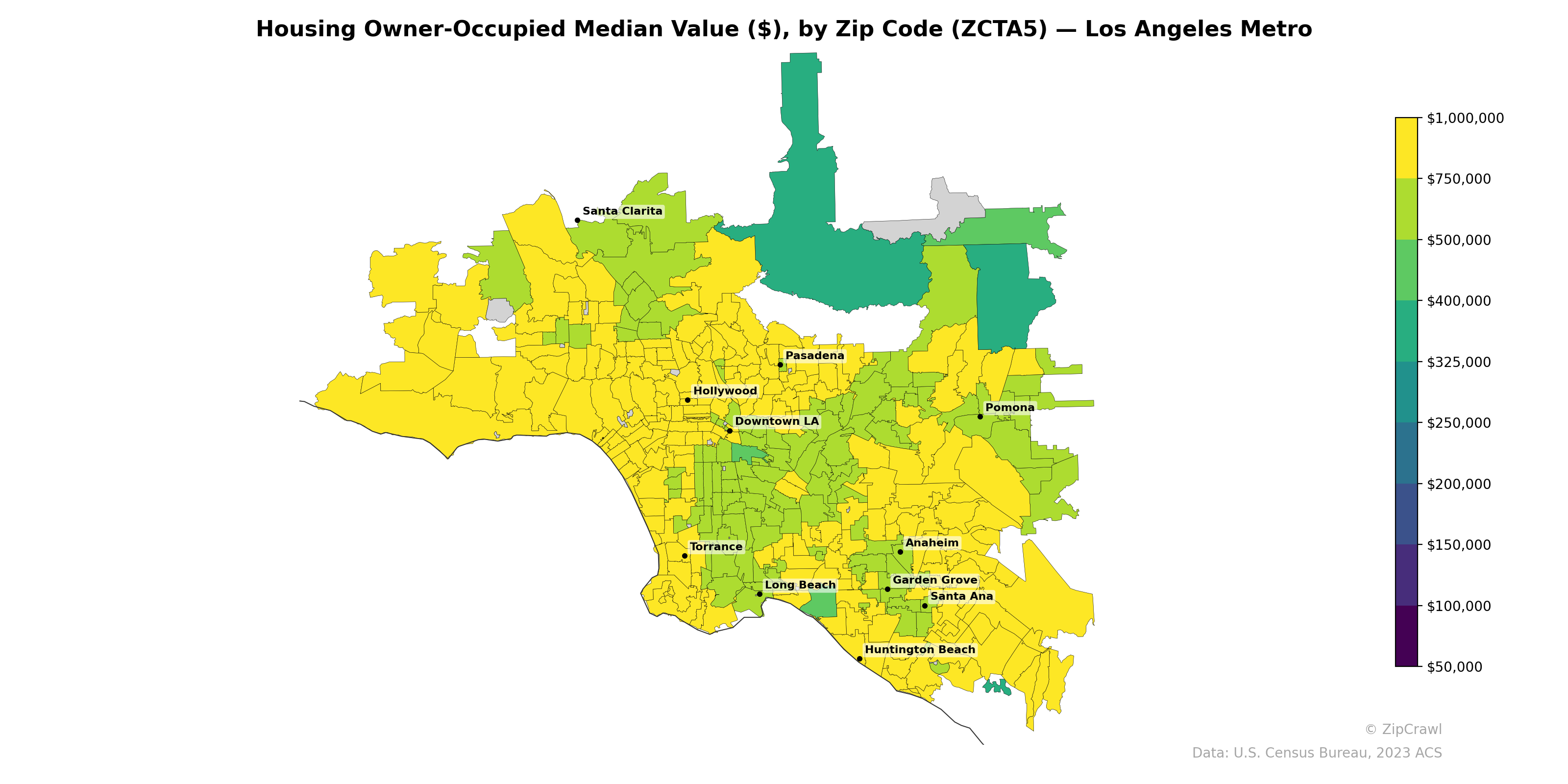 Housing Owner-Occupied Median Value ($), by Zip Code (ZCTA5) — Los Angeles Metro