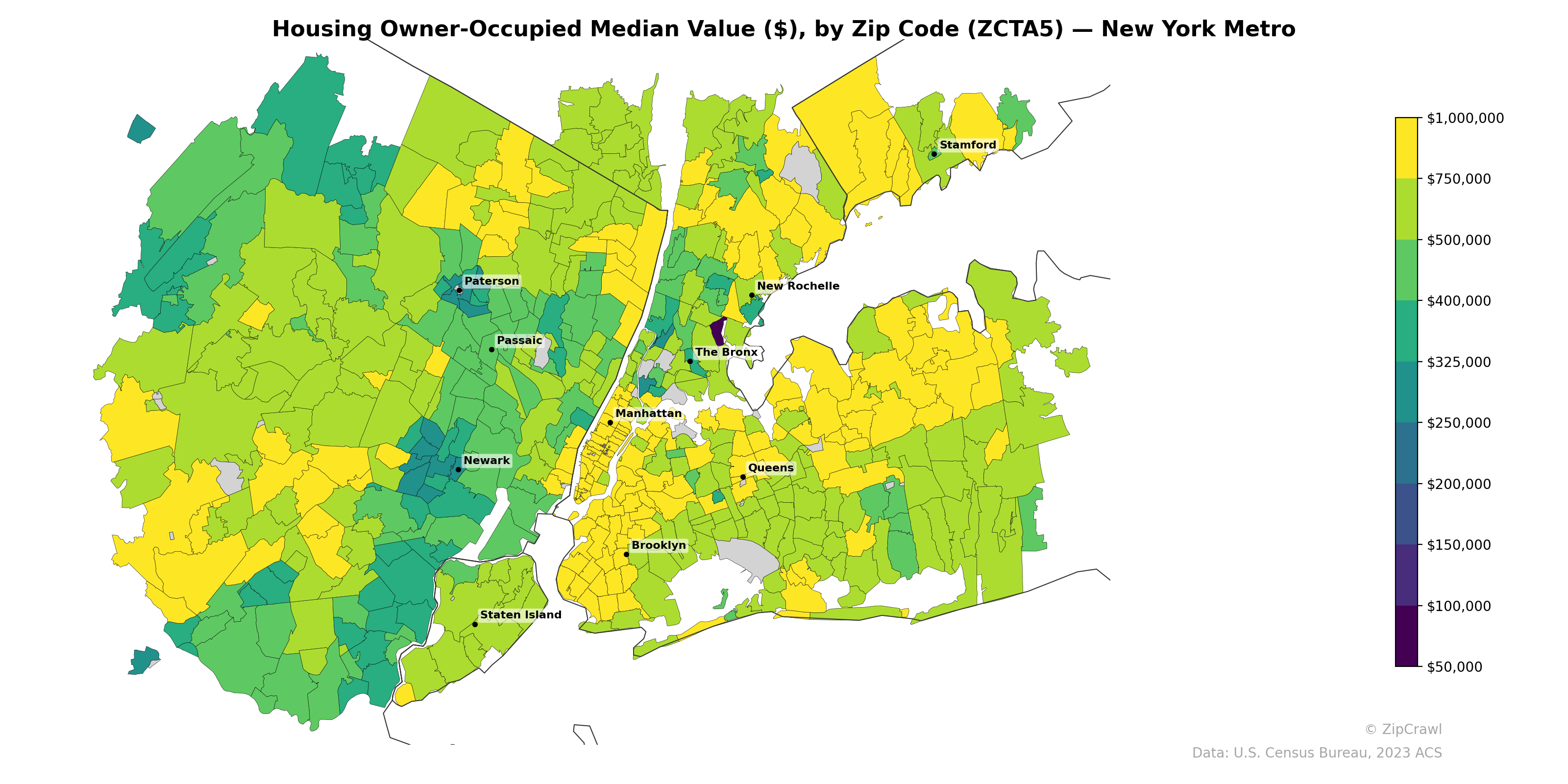 Housing Owner-Occupied Median Value ($), by Zip Code (ZCTA5) — New York Metro