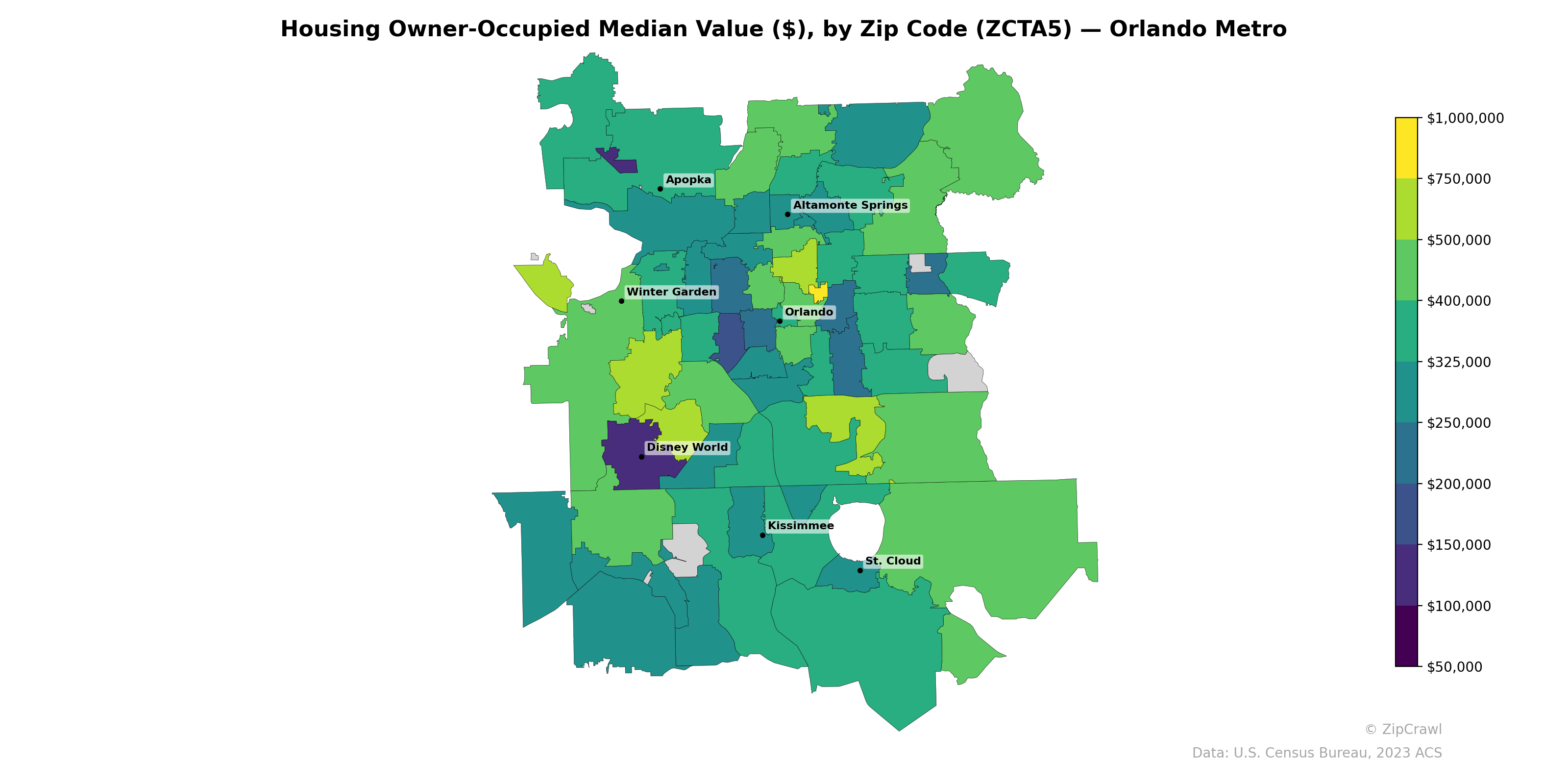 Housing Owner-Occupied Median Value ($), by Zip Code (ZCTA5) — Orlando Metro