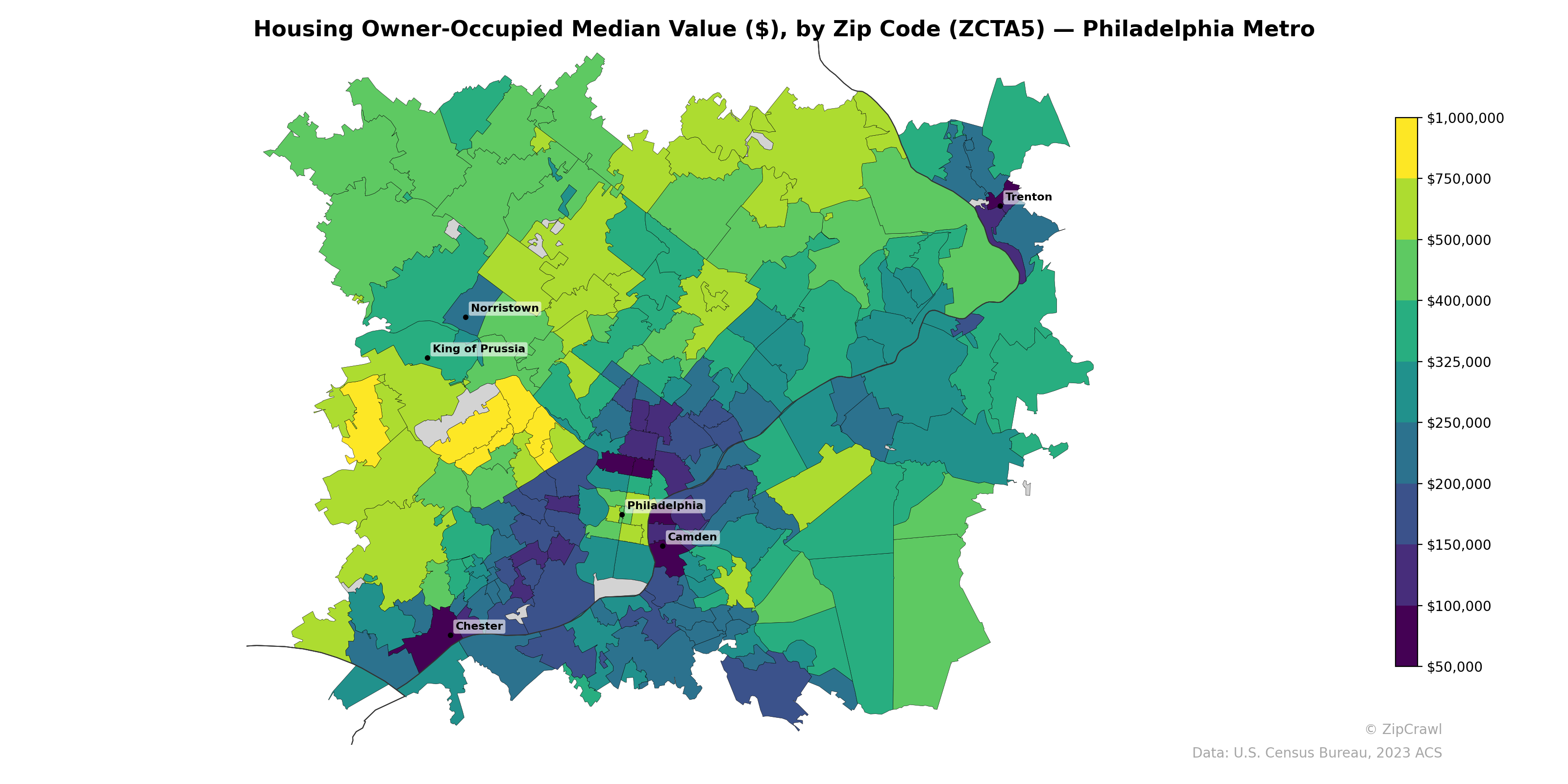 Housing Owner-Occupied Median Value ($), by Zip Code (ZCTA5) — Philadelphia Metro