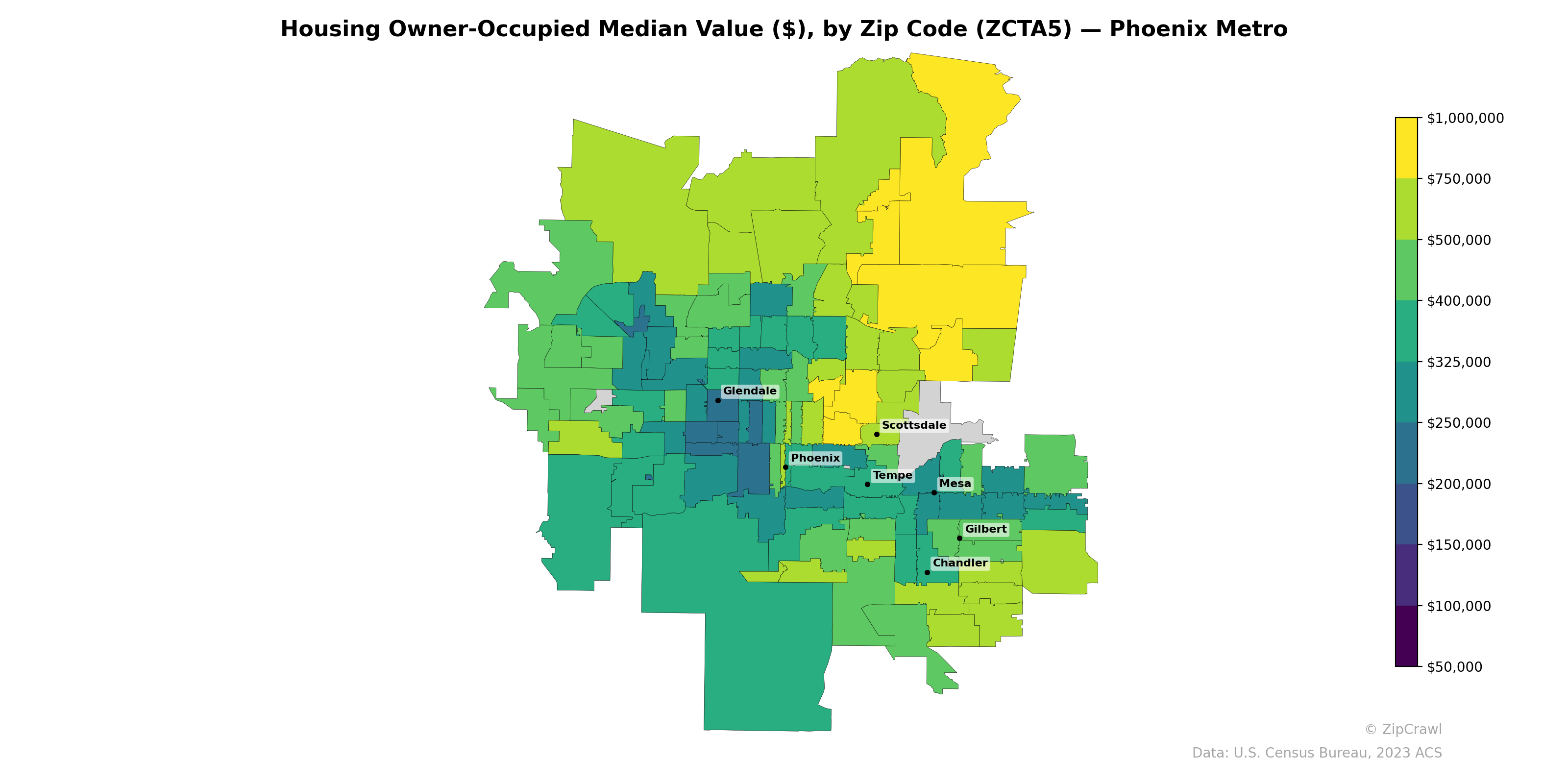 Housing Owner-Occupied Median Value ($), by Zip Code (ZCTA5) — Phoenix Metro