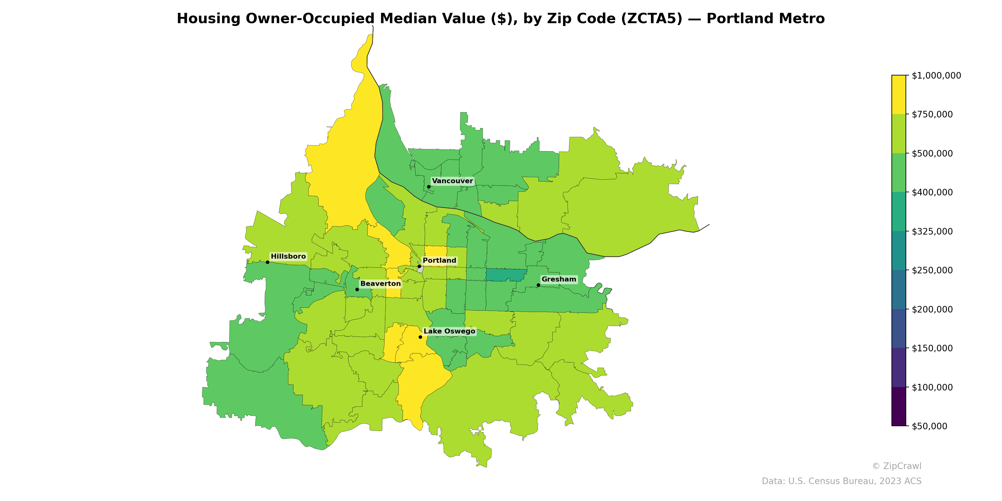 Housing Owner-Occupied Median Value ($), by Zip Code (ZCTA5) — Portland Metro