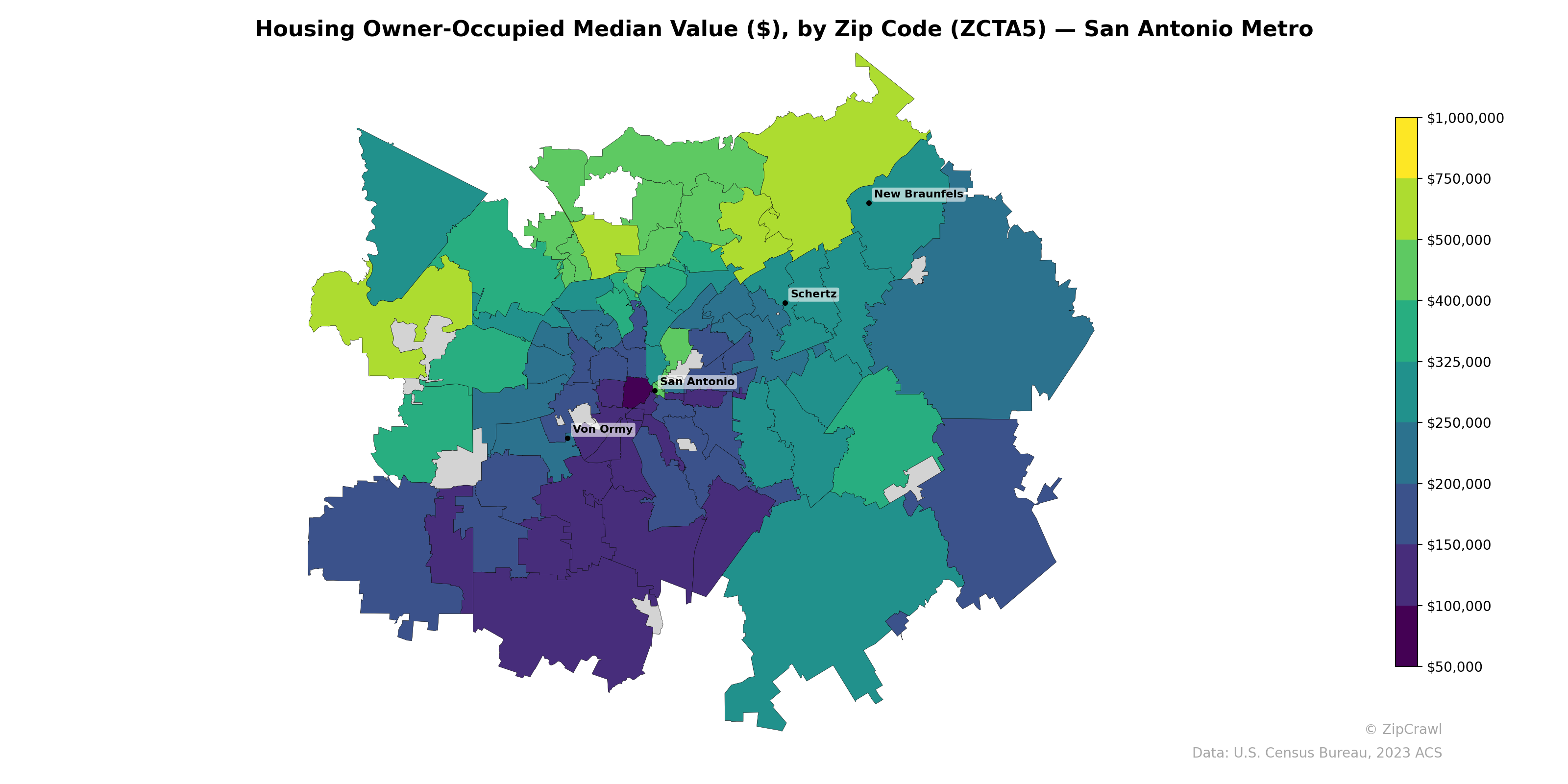 Housing Owner-Occupied Median Value ($), by Zip Code (ZCTA5) — San Antonio Metro