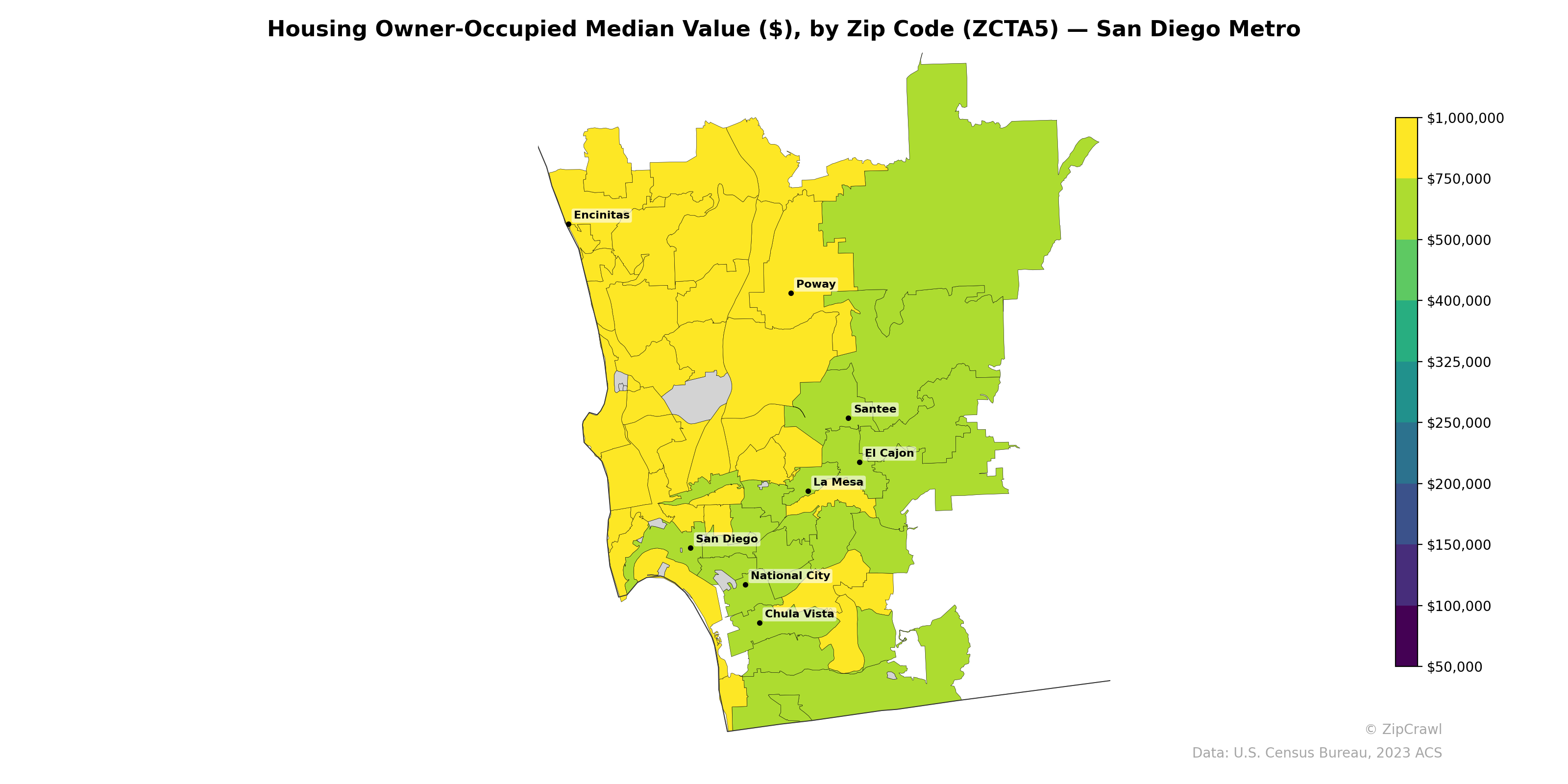 Housing Owner-Occupied Median Value ($), by Zip Code (ZCTA5) — San Diego Metro