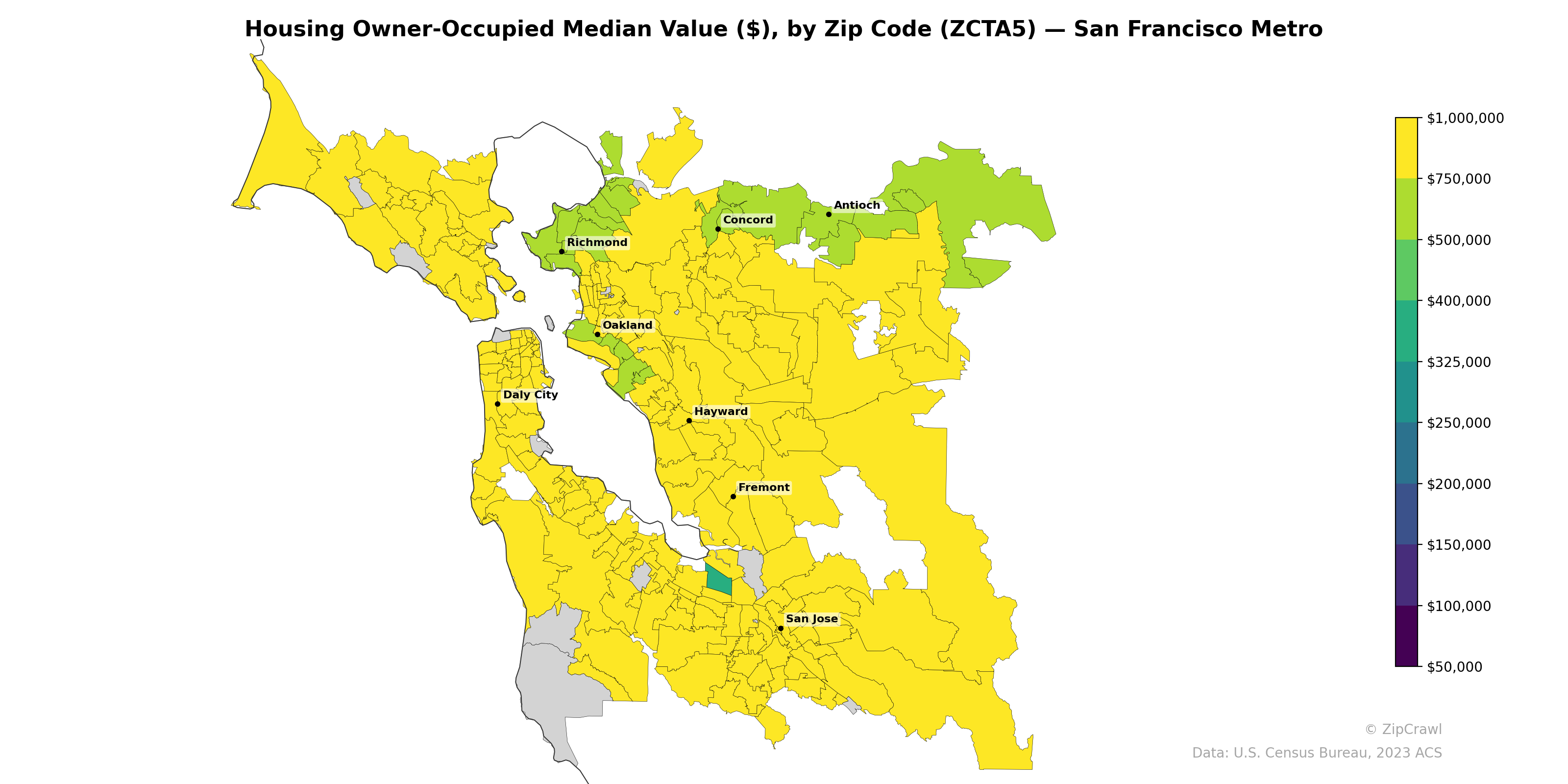 Housing Owner-Occupied Median Value ($), by Zip Code (ZCTA5) — San Francisco Metro