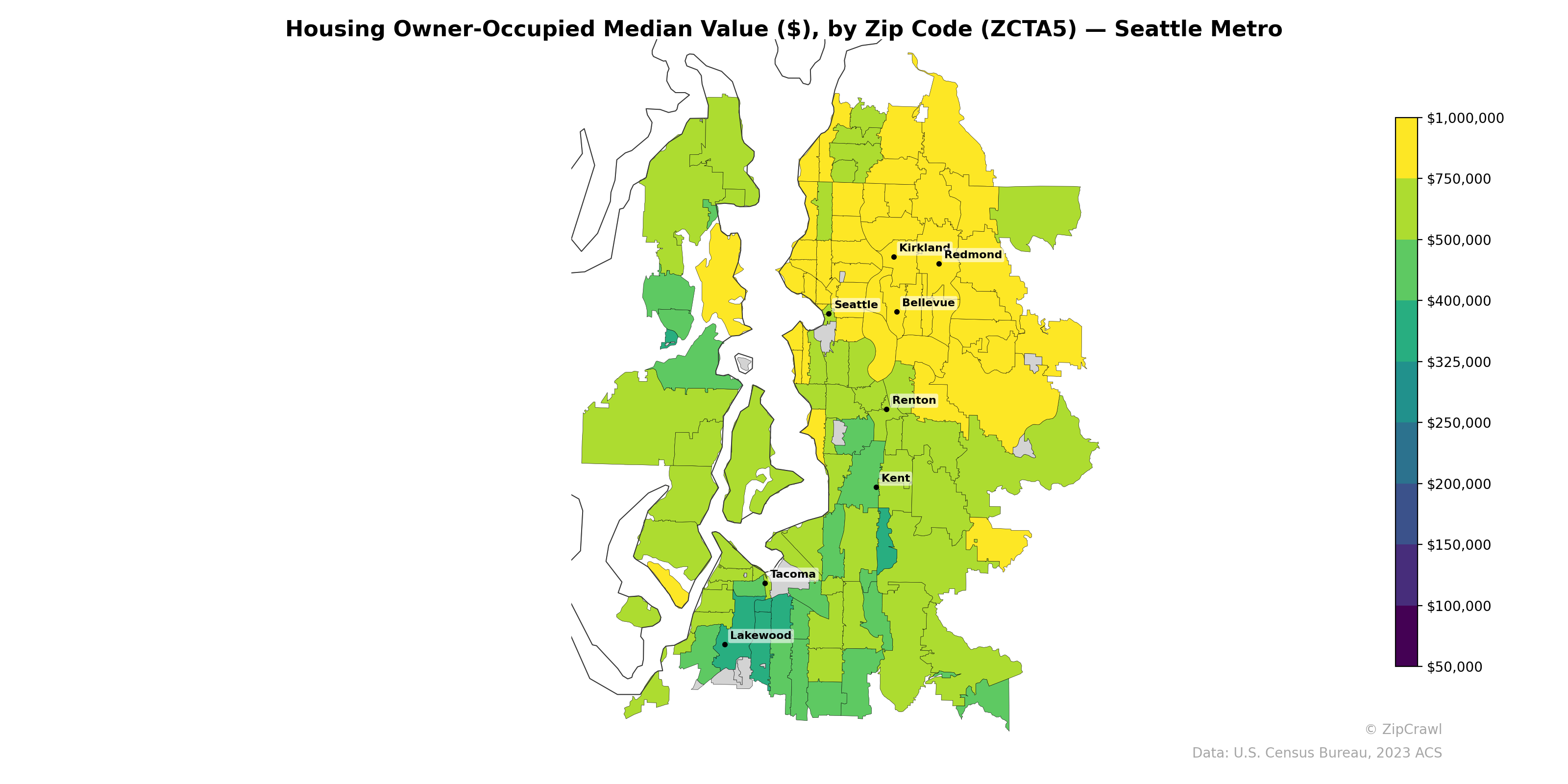 Housing Owner-Occupied Median Value ($), by Zip Code (ZCTA5) — Seattle Metro