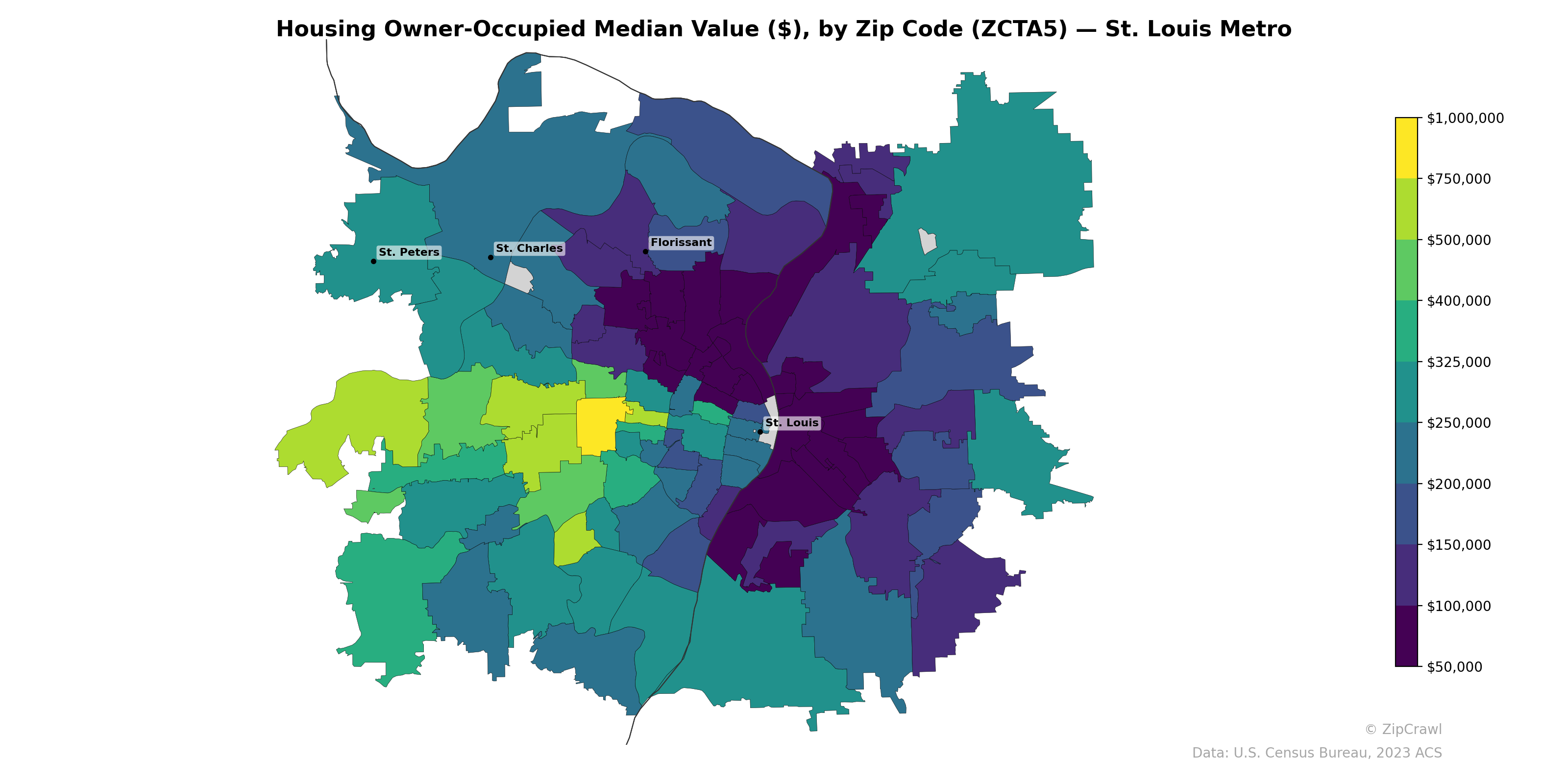 Housing Owner-Occupied Median Value ($), by Zip Code (ZCTA5) — St. Louis Metro