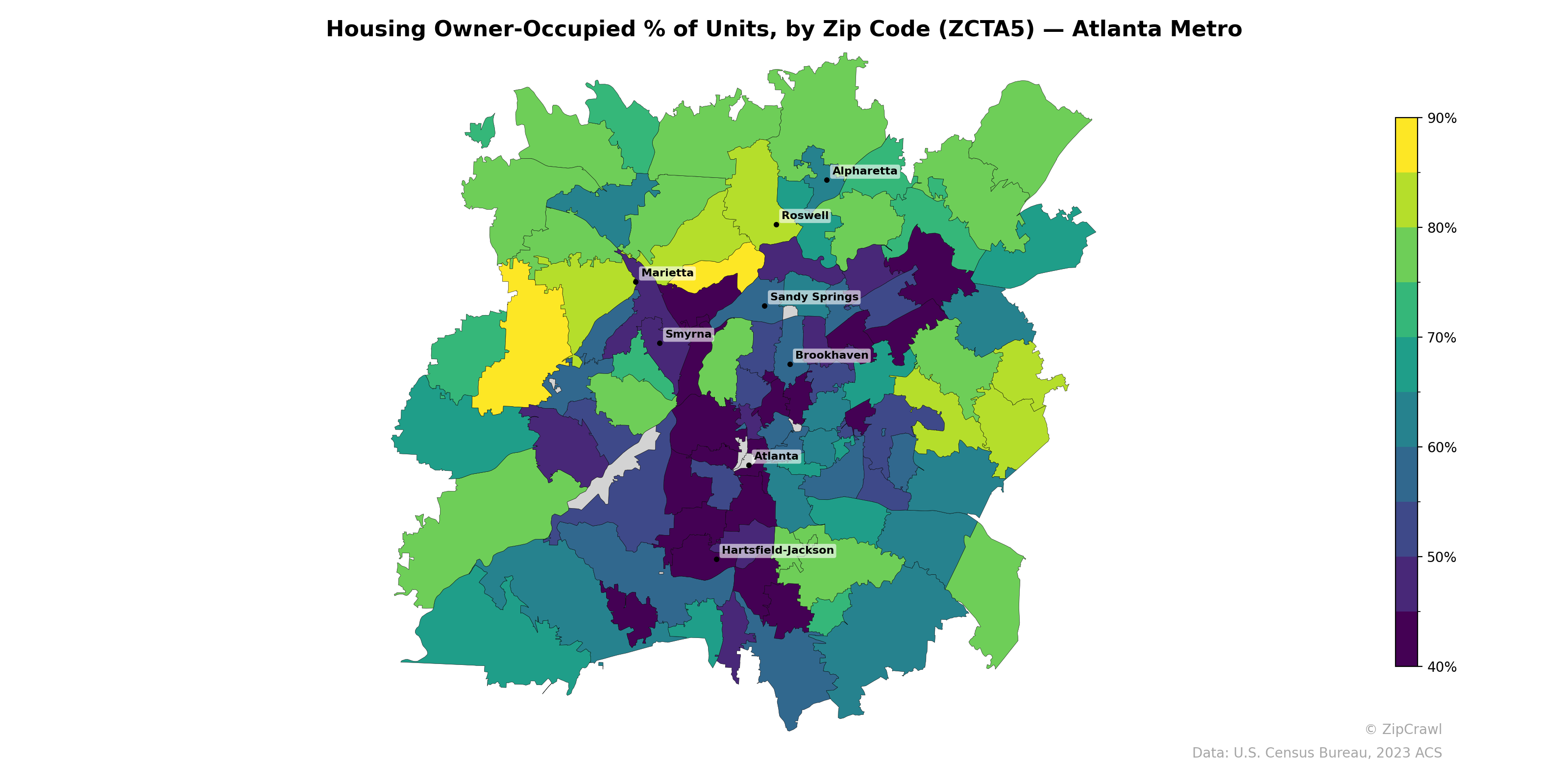 Housing Owner-Occupied % of Units, by Zip Code (ZCTA5) — Atlanta Metro