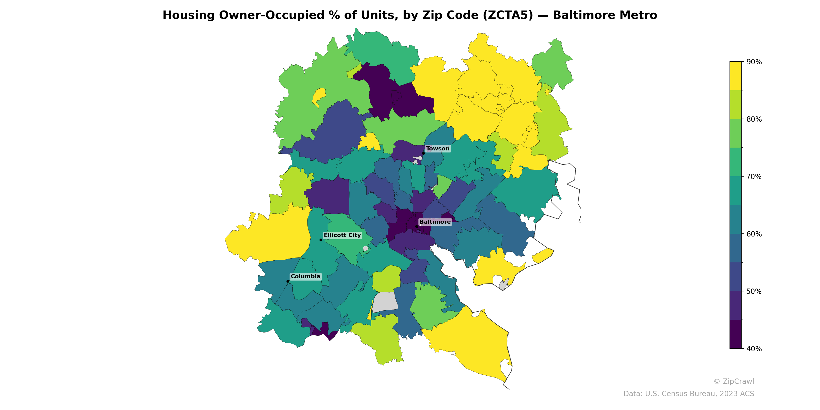 Housing Owner-Occupied % of Units, by Zip Code (ZCTA5) — Baltimore Metro