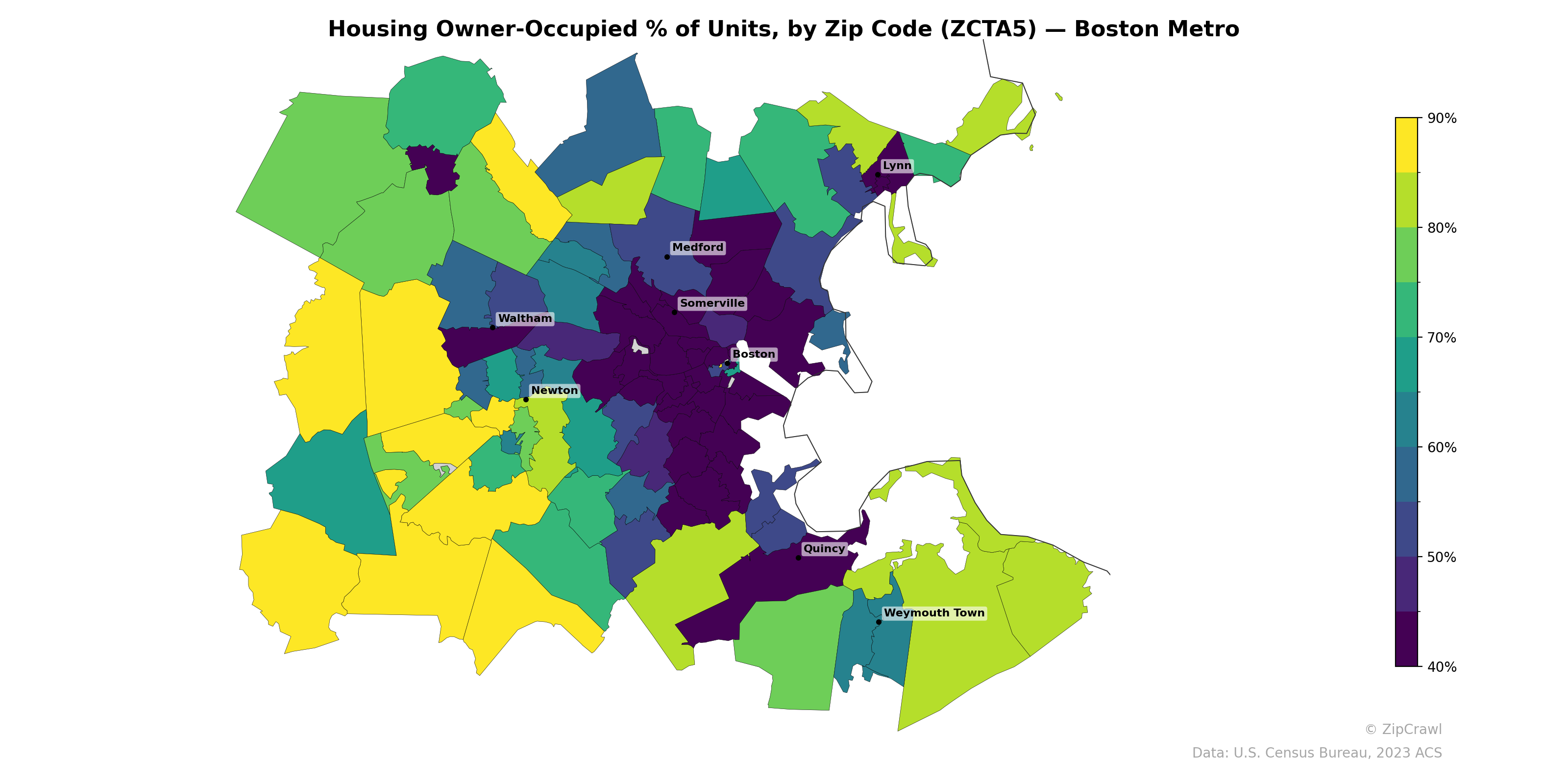 Housing Owner-Occupied % of Units, by Zip Code (ZCTA5) — Boston Metro