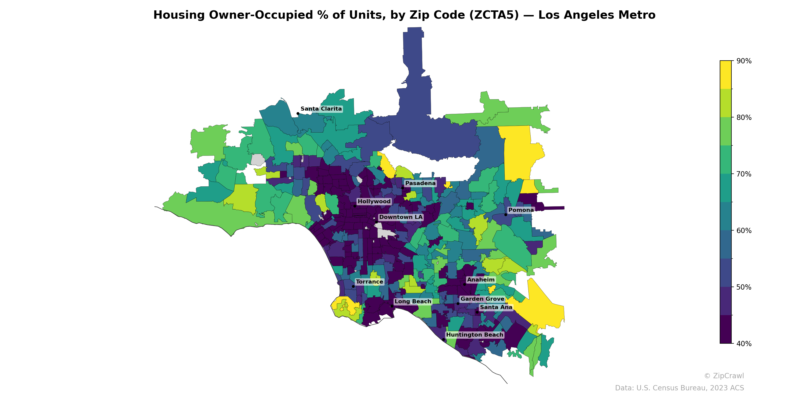 Housing Owner-Occupied % of Units, by Zip Code (ZCTA5) — Los Angeles Metro