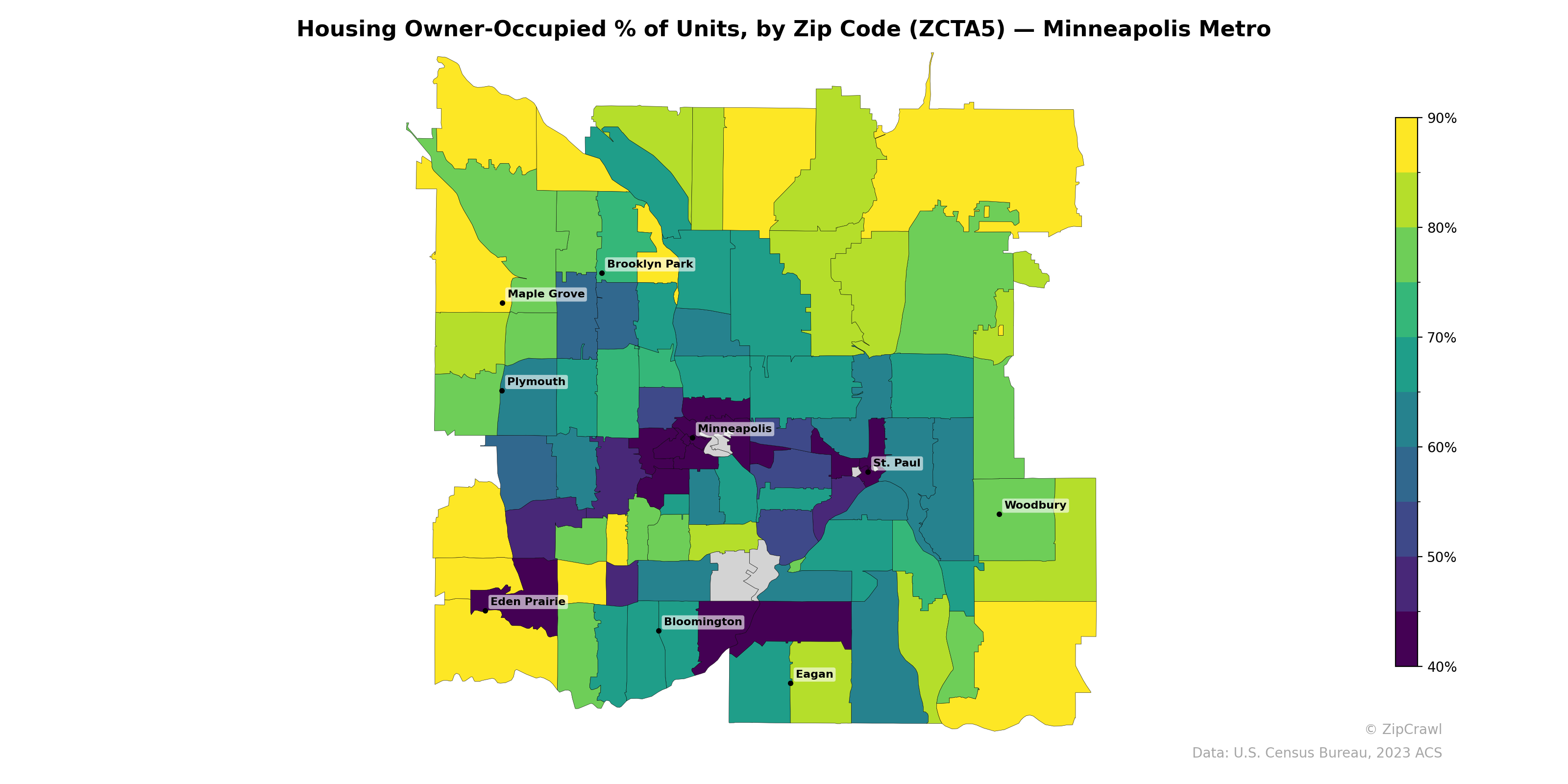 Housing Owner-Occupied % of Units, by Zip Code (ZCTA5) — Minneapolis Metro