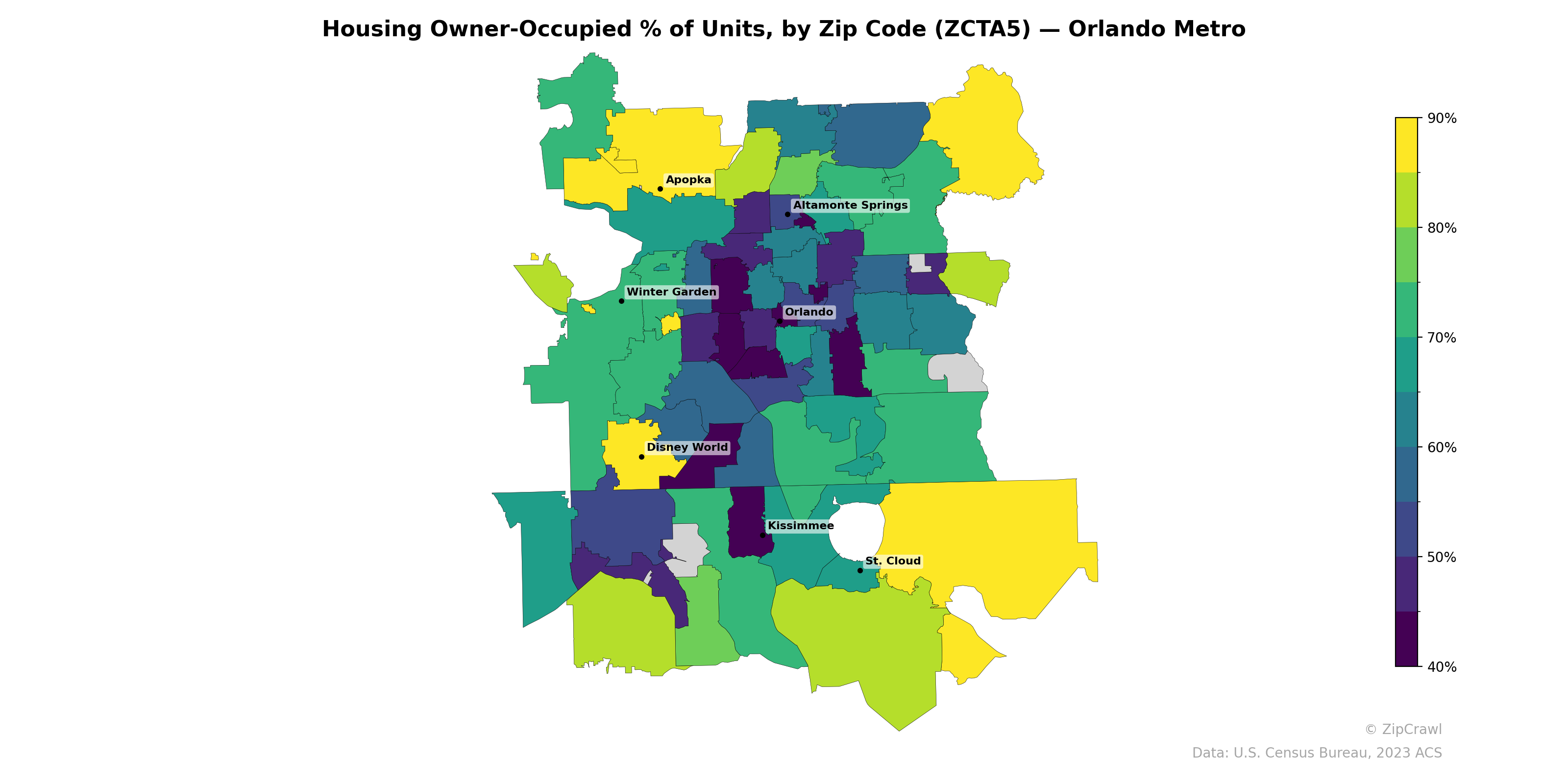 Housing Owner-Occupied % of Units, by Zip Code (ZCTA5) — Orlando Metro