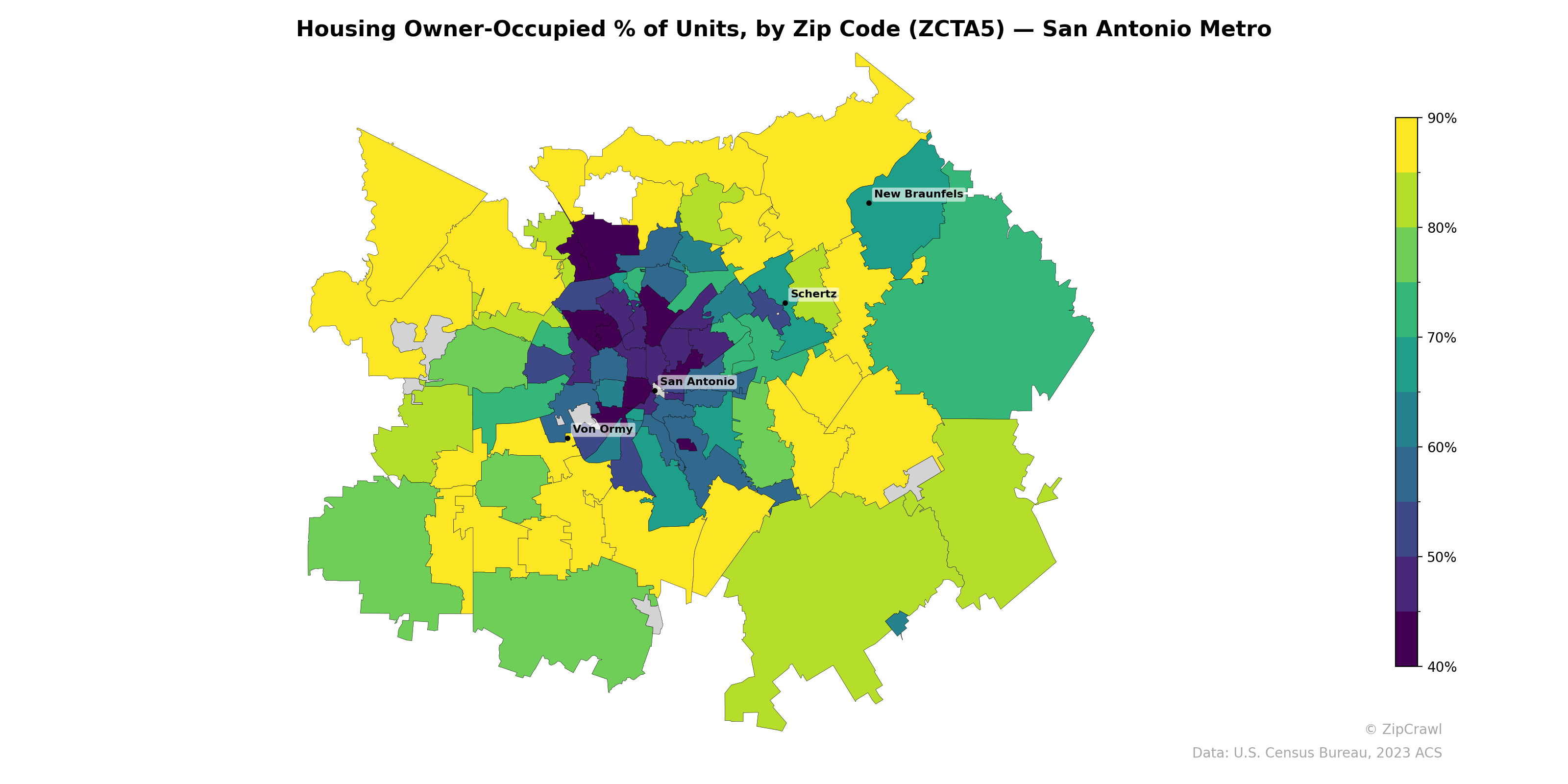 Housing Owner-Occupied % of Units, by Zip Code (ZCTA5) — San Antonio Metro