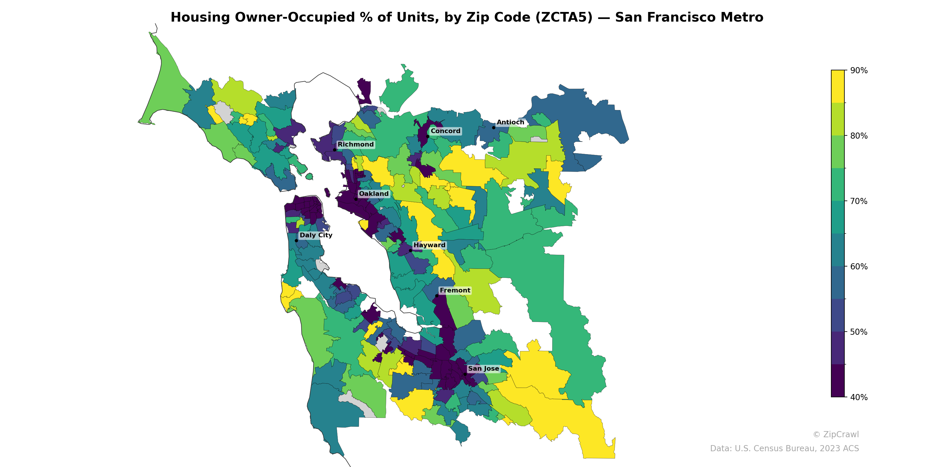 Housing Owner-Occupied % of Units, by Zip Code (ZCTA5) — San Francisco Metro