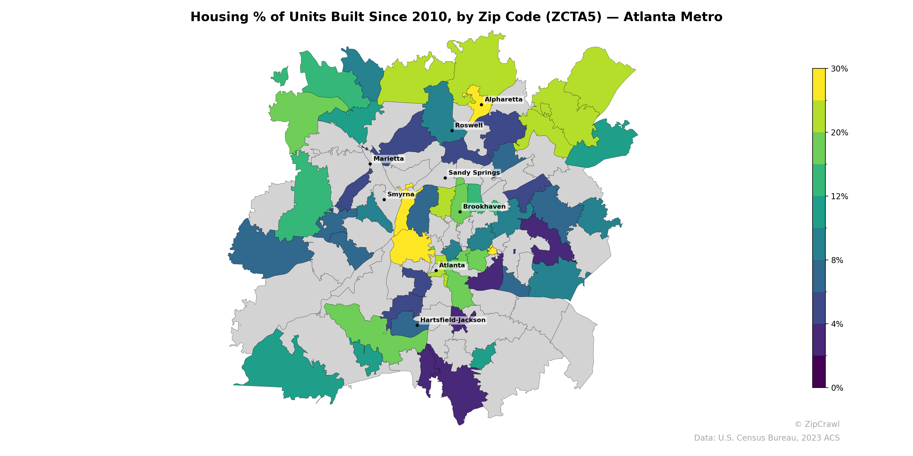 Housing % of Units Built Since 2010, by Zip Code (ZCTA5) — Atlanta Metro