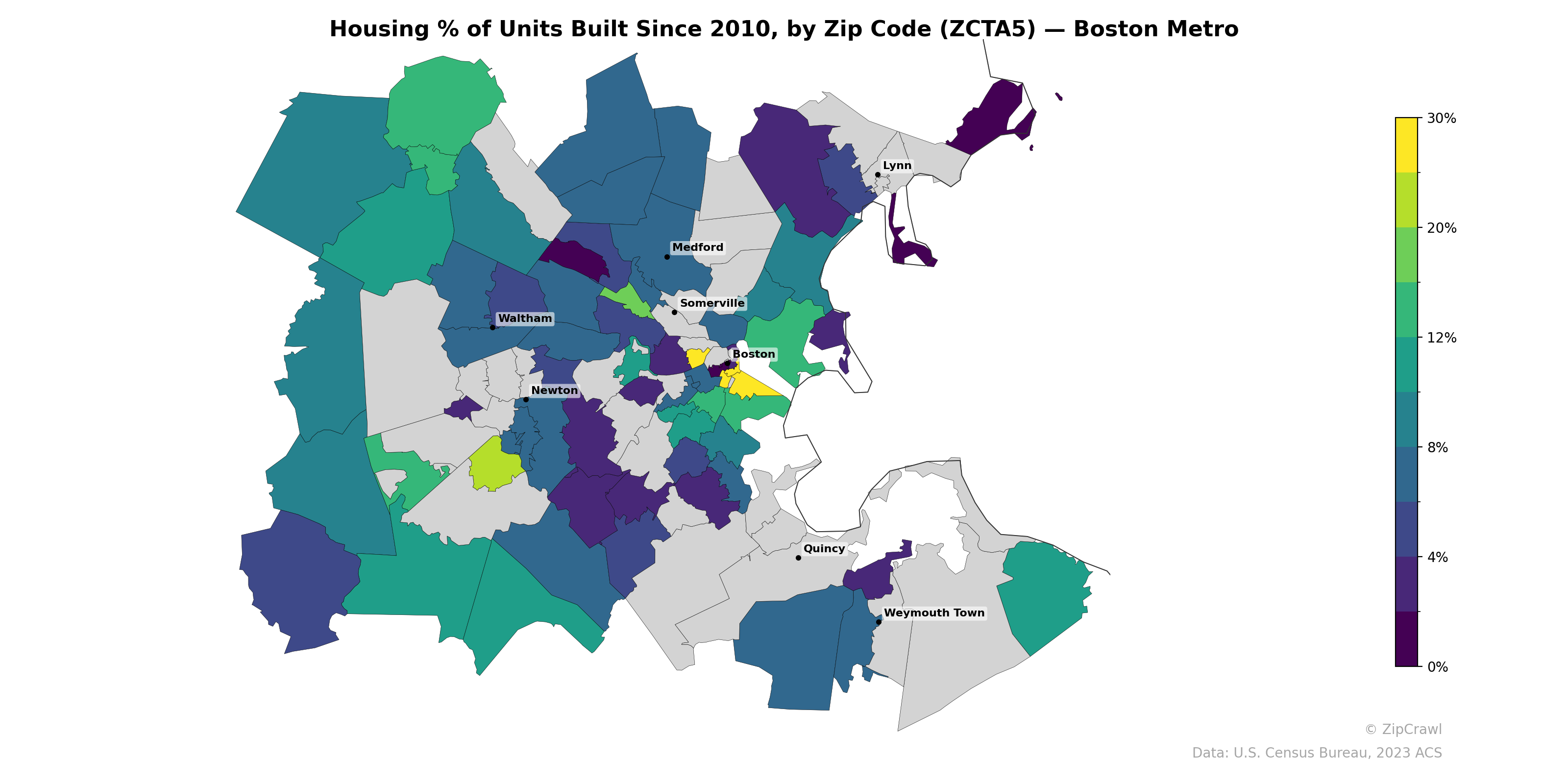 Housing % of Units Built Since 2010, by Zip Code (ZCTA5) — Boston Metro