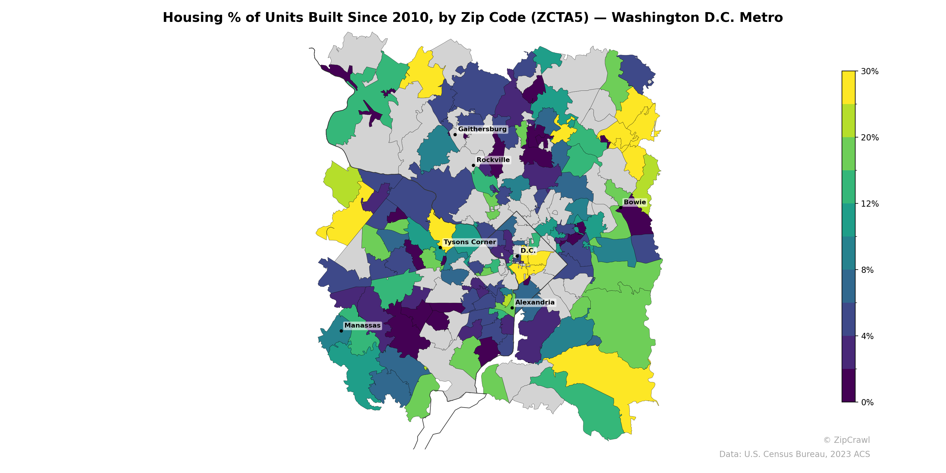 Housing % of Units Built Since 2010, by Zip Code (ZCTA5) — Washington D.C. Metro