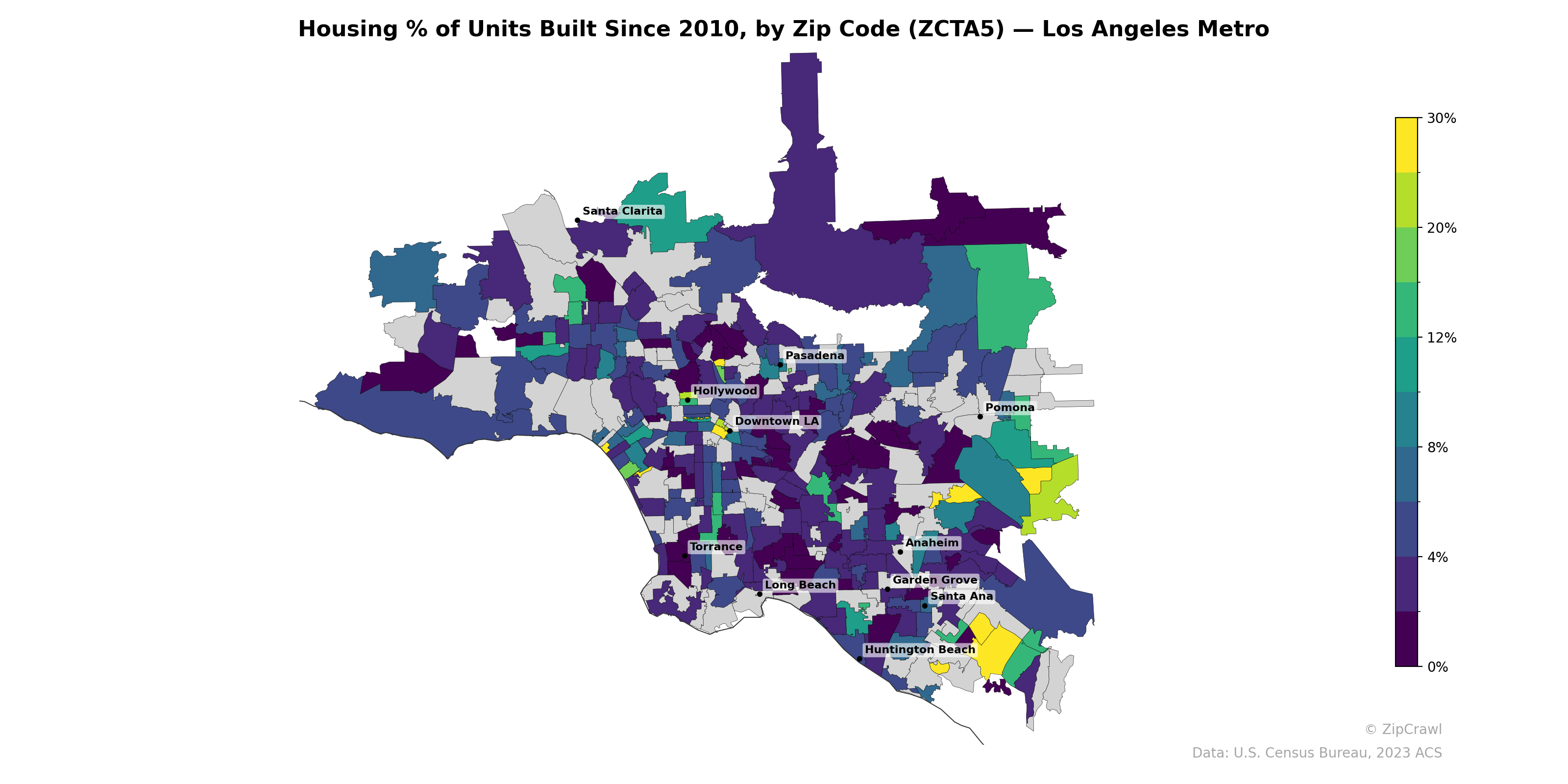 Housing % of Units Built Since 2010, by Zip Code (ZCTA5) — Los Angeles Metro