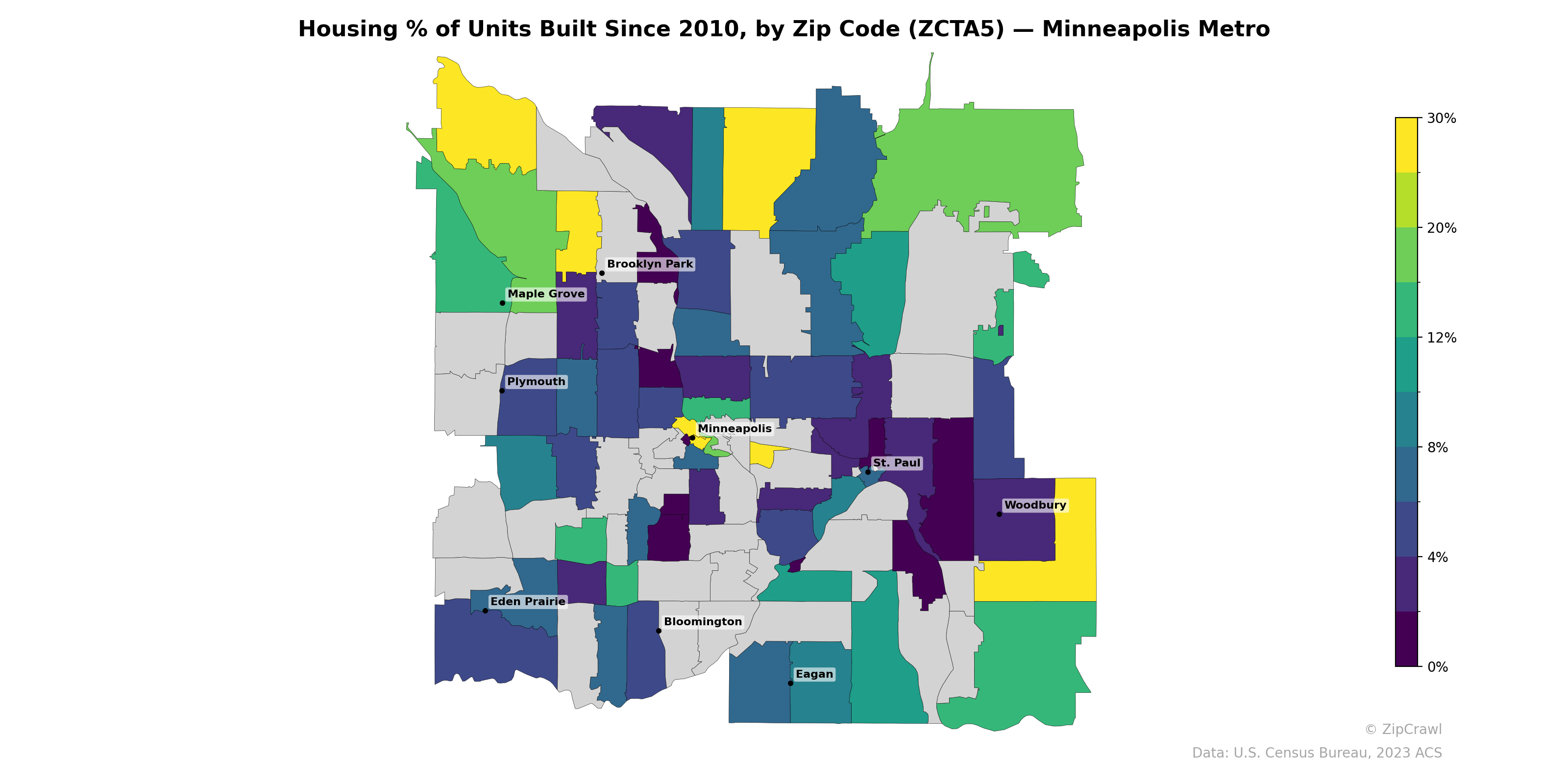 Housing % of Units Built Since 2010, by Zip Code (ZCTA5) — Minneapolis Metro