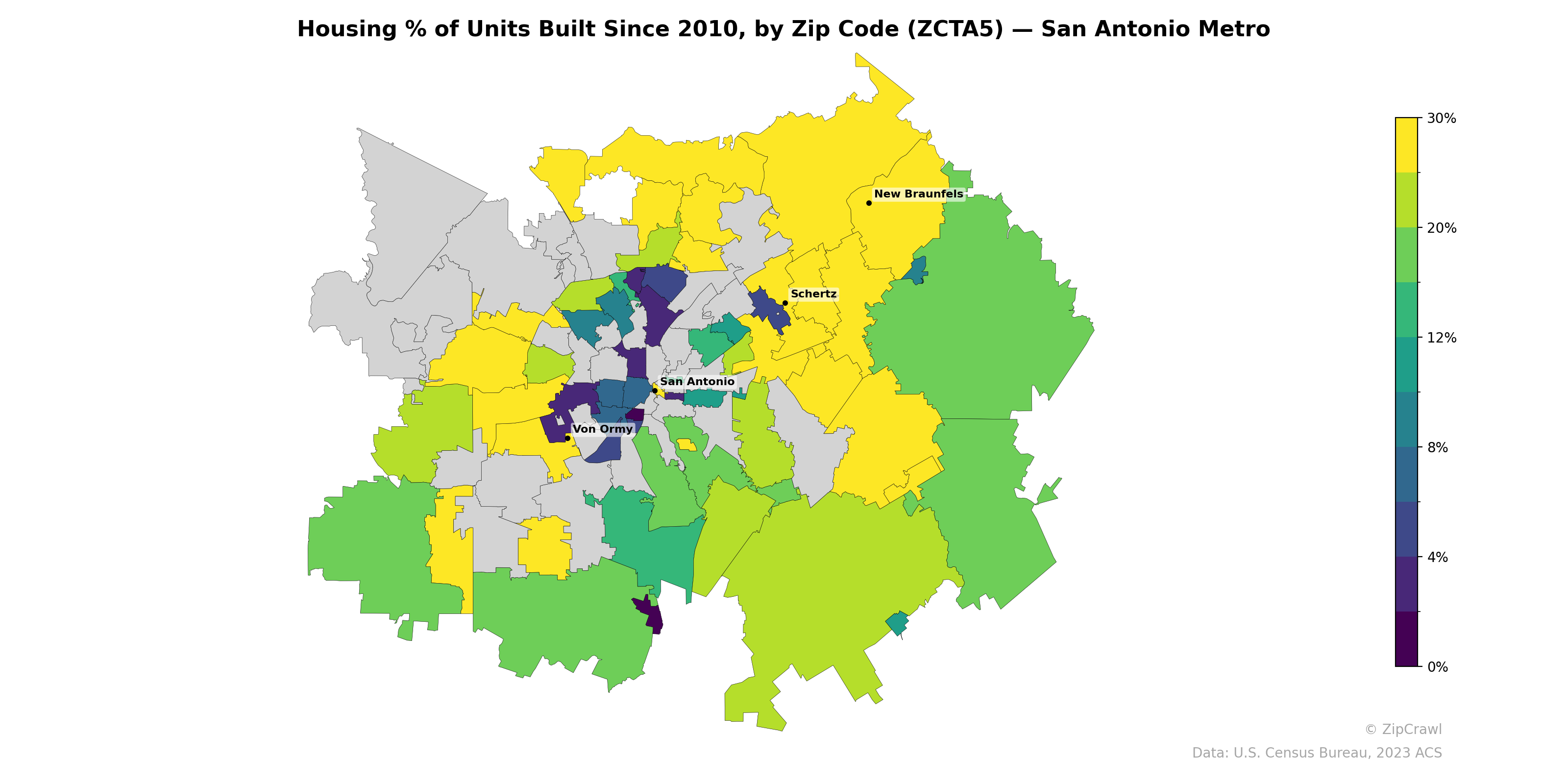 Housing % of Units Built Since 2010, by Zip Code (ZCTA5) — San Antonio Metro