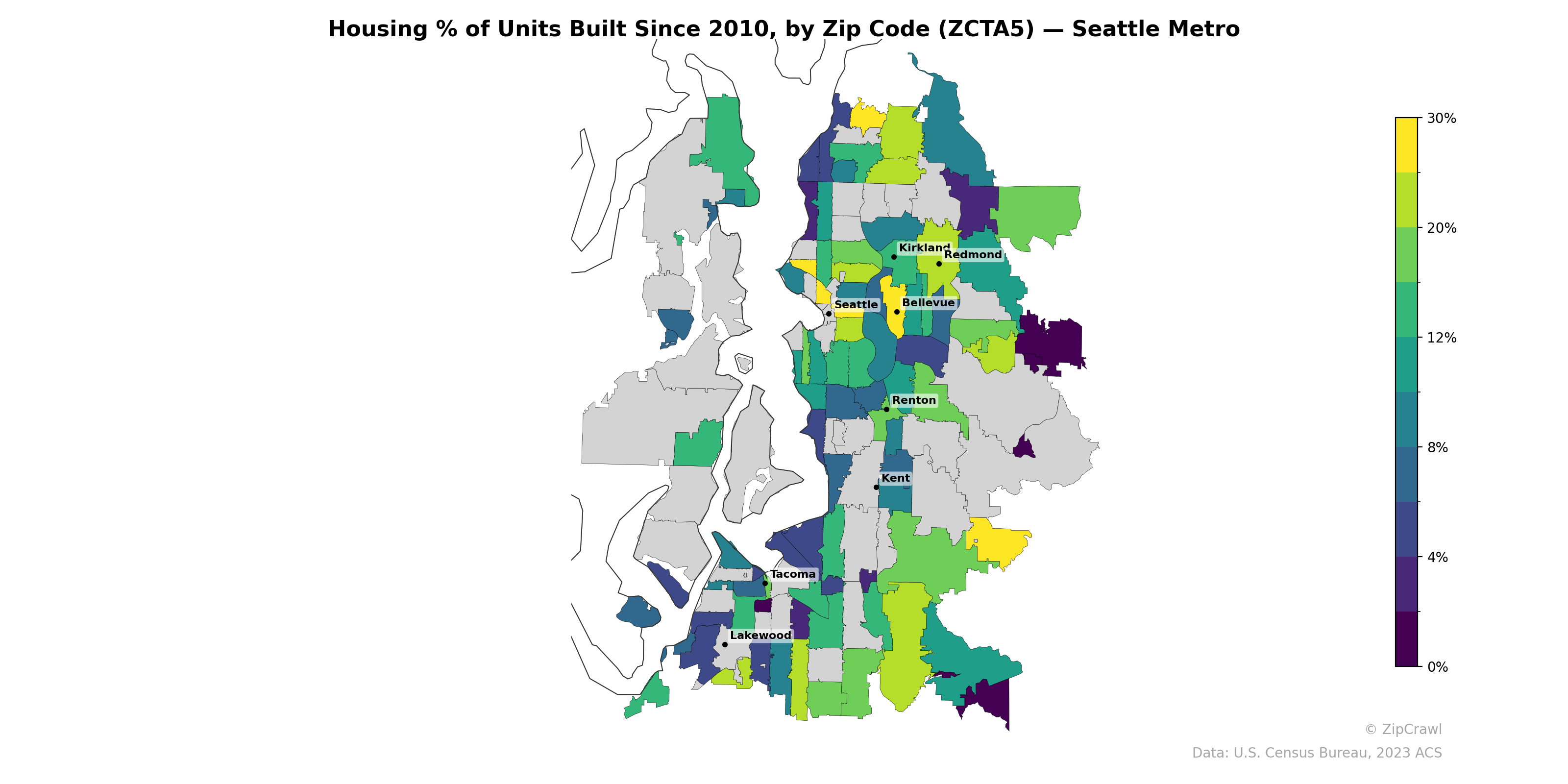Housing % of Units Built Since 2010, by Zip Code (ZCTA5) — Seattle Metro