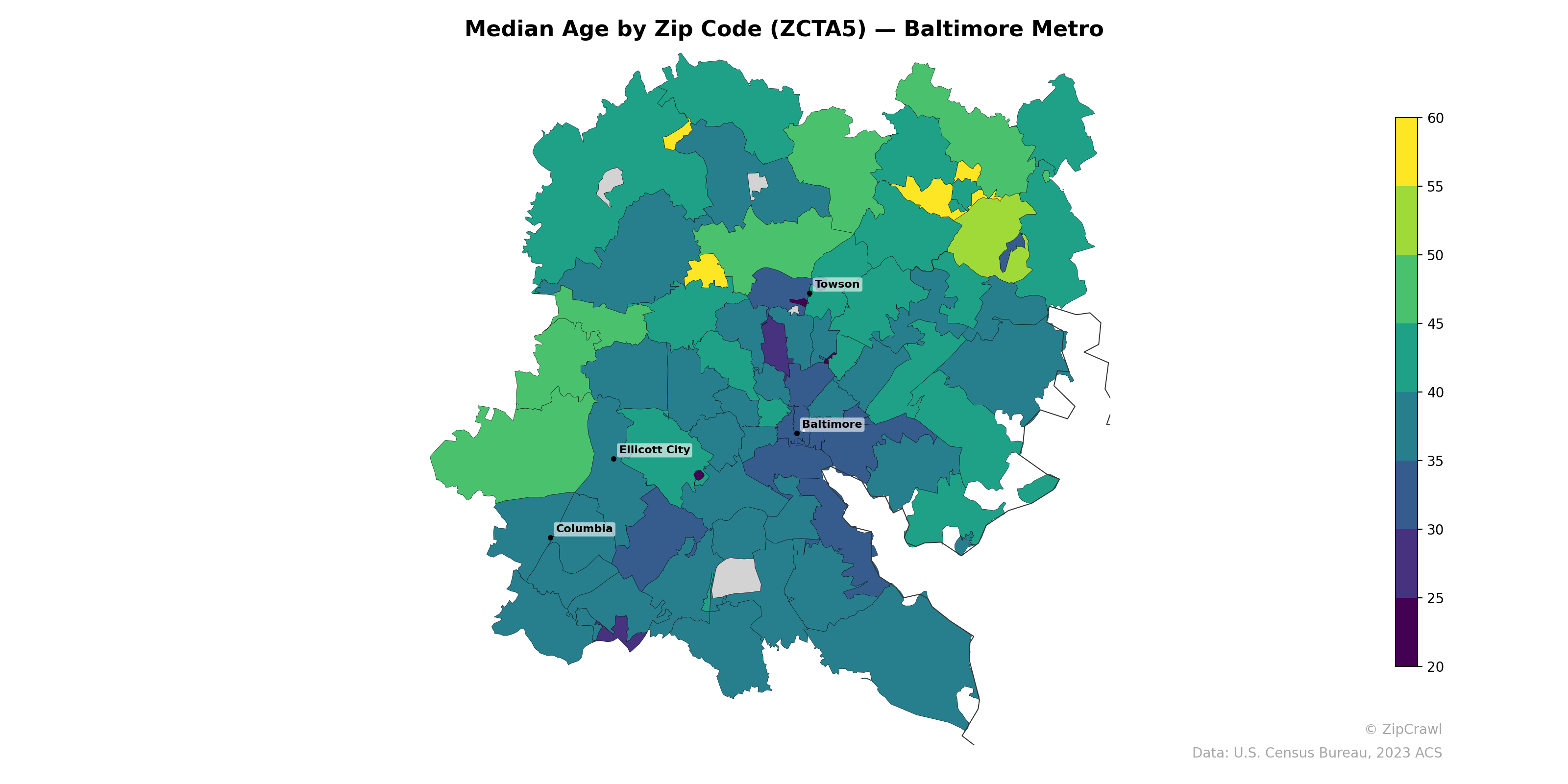 Median Age by Zip Code (ZCTA5) — Baltimore Metro