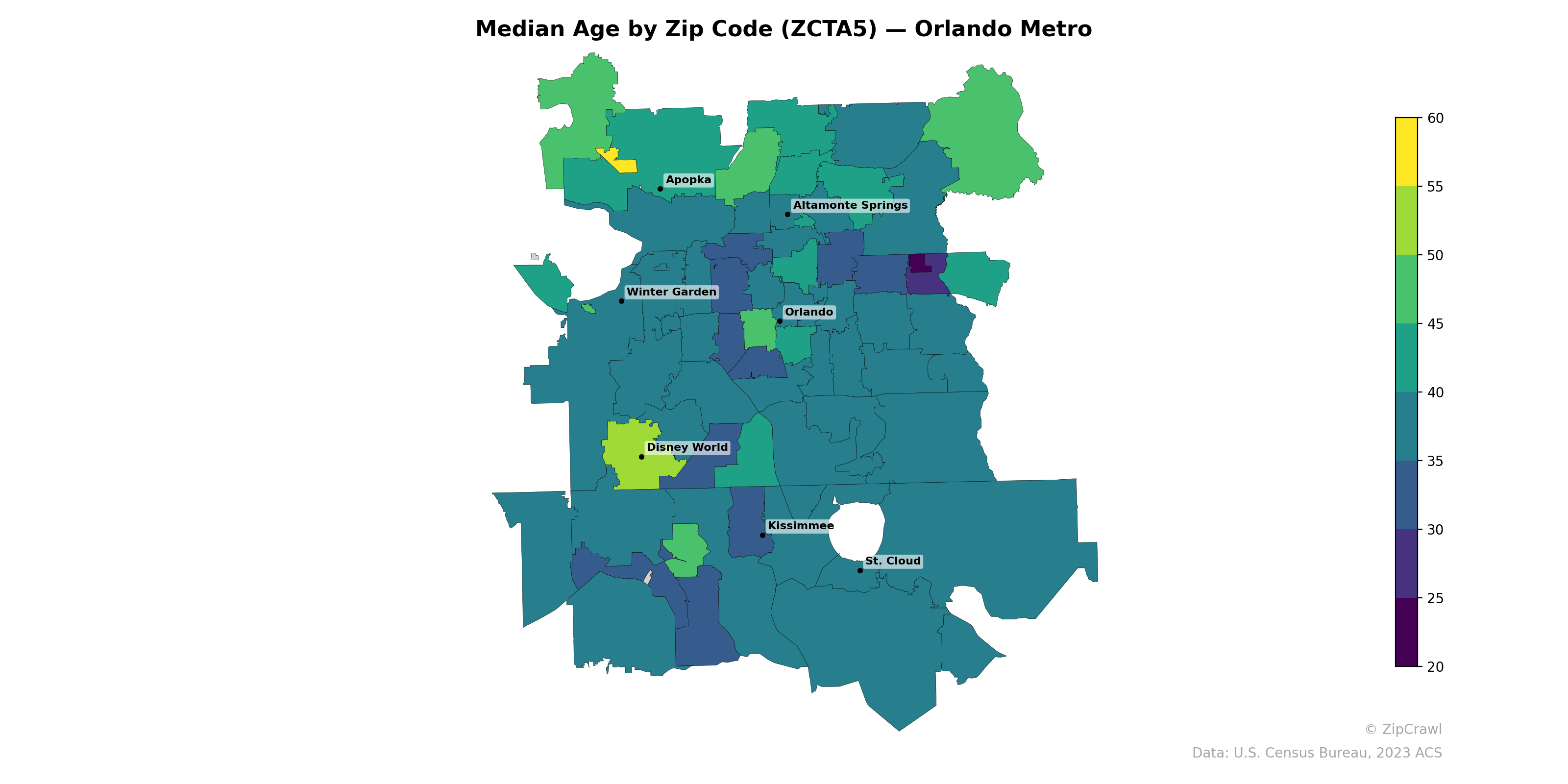 Median Age by Zip Code (ZCTA5) — Orlando Metro