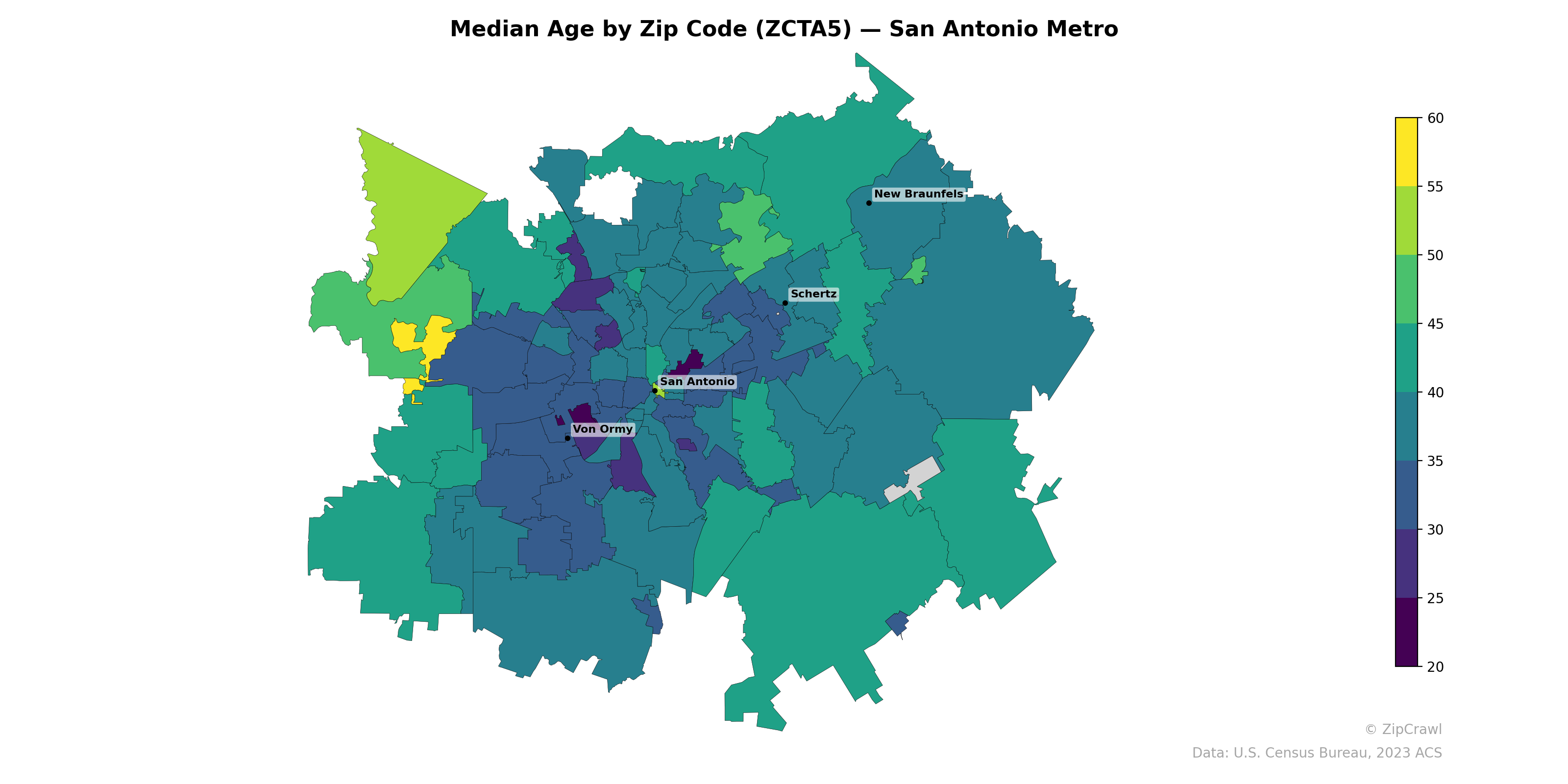 Median Age by Zip Code (ZCTA5) — San Antonio Metro