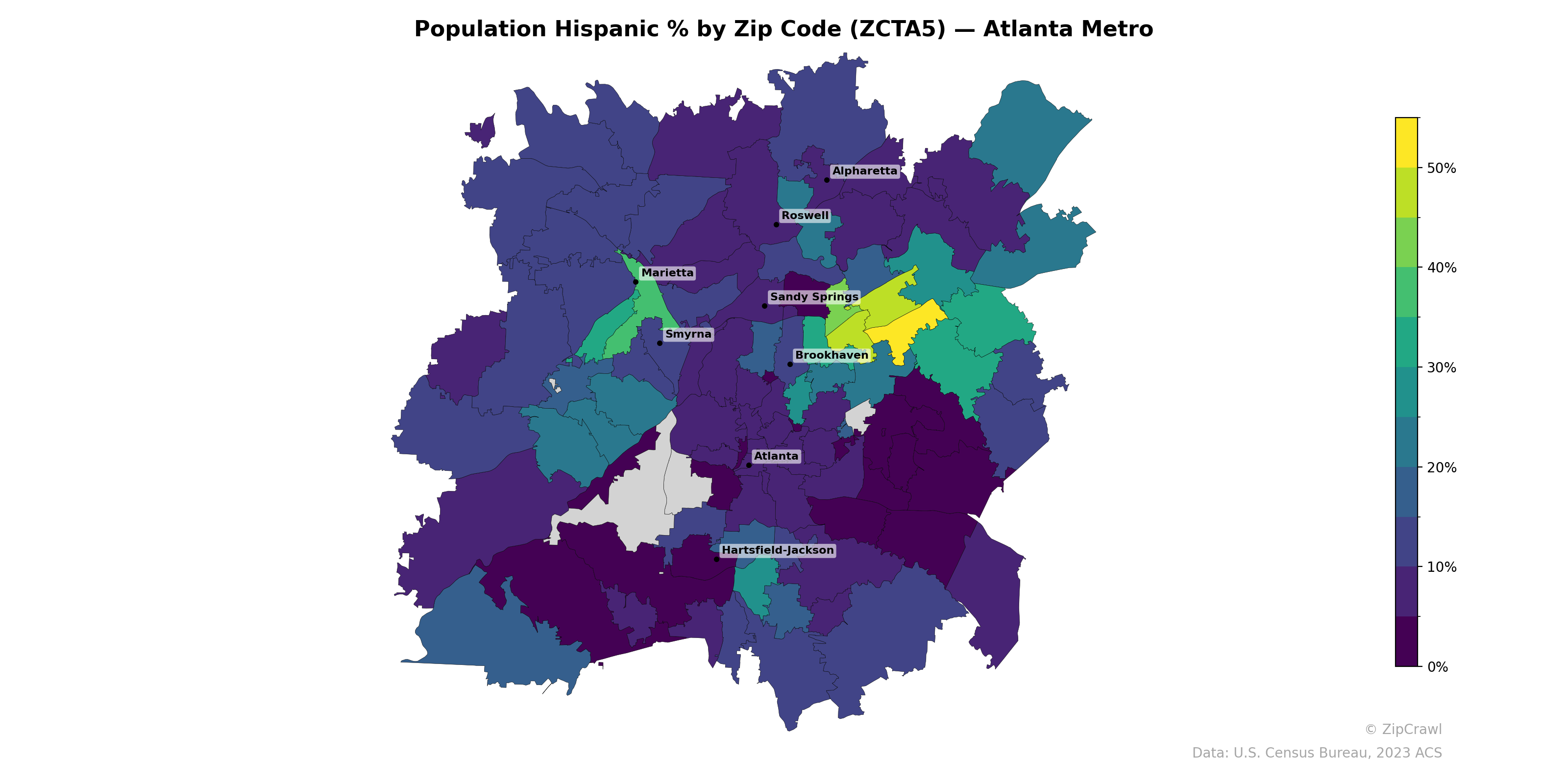 Population Hispanic % by Zip Code (ZCTA5) — Atlanta Metro