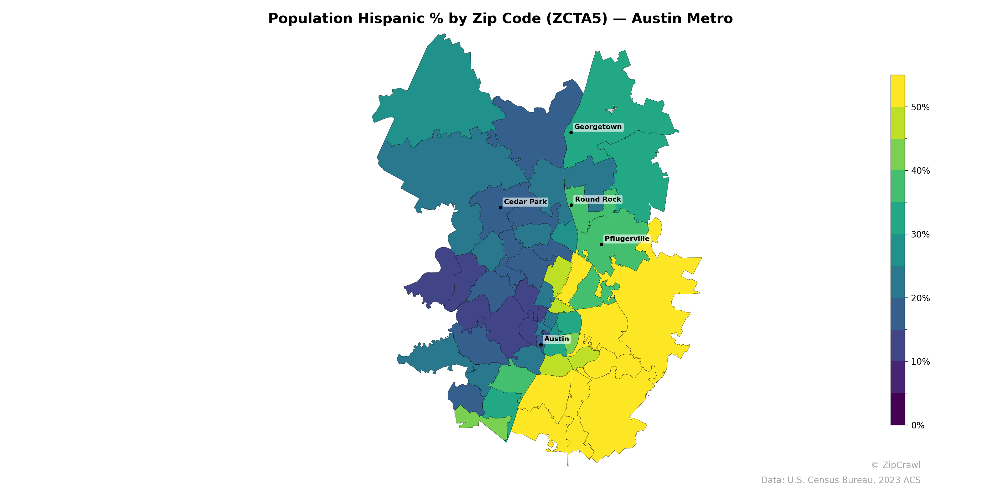 Population Hispanic % by Zip Code (ZCTA5) — Austin Metro