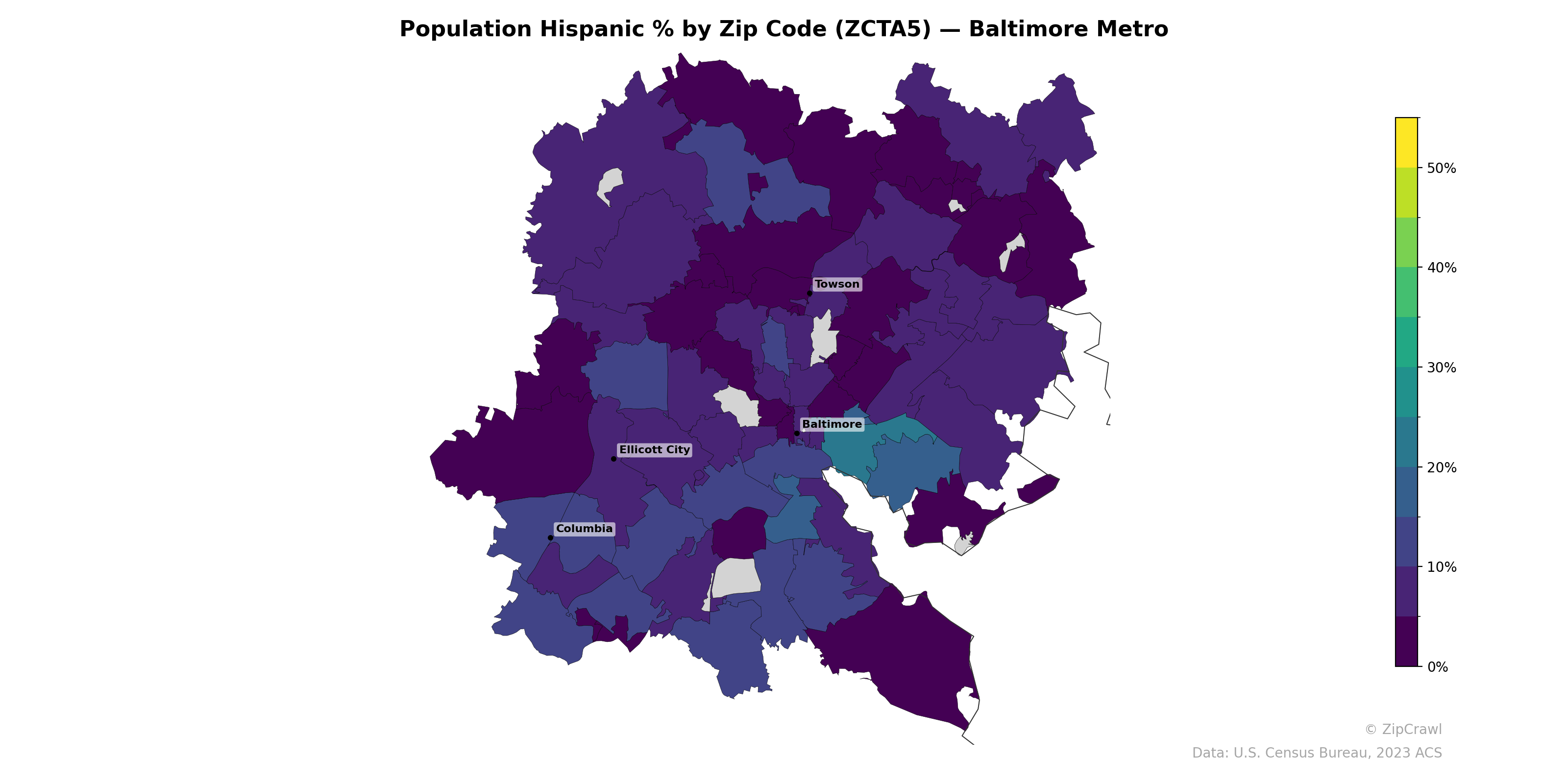 Population Hispanic % by Zip Code (ZCTA5) — Baltimore Metro