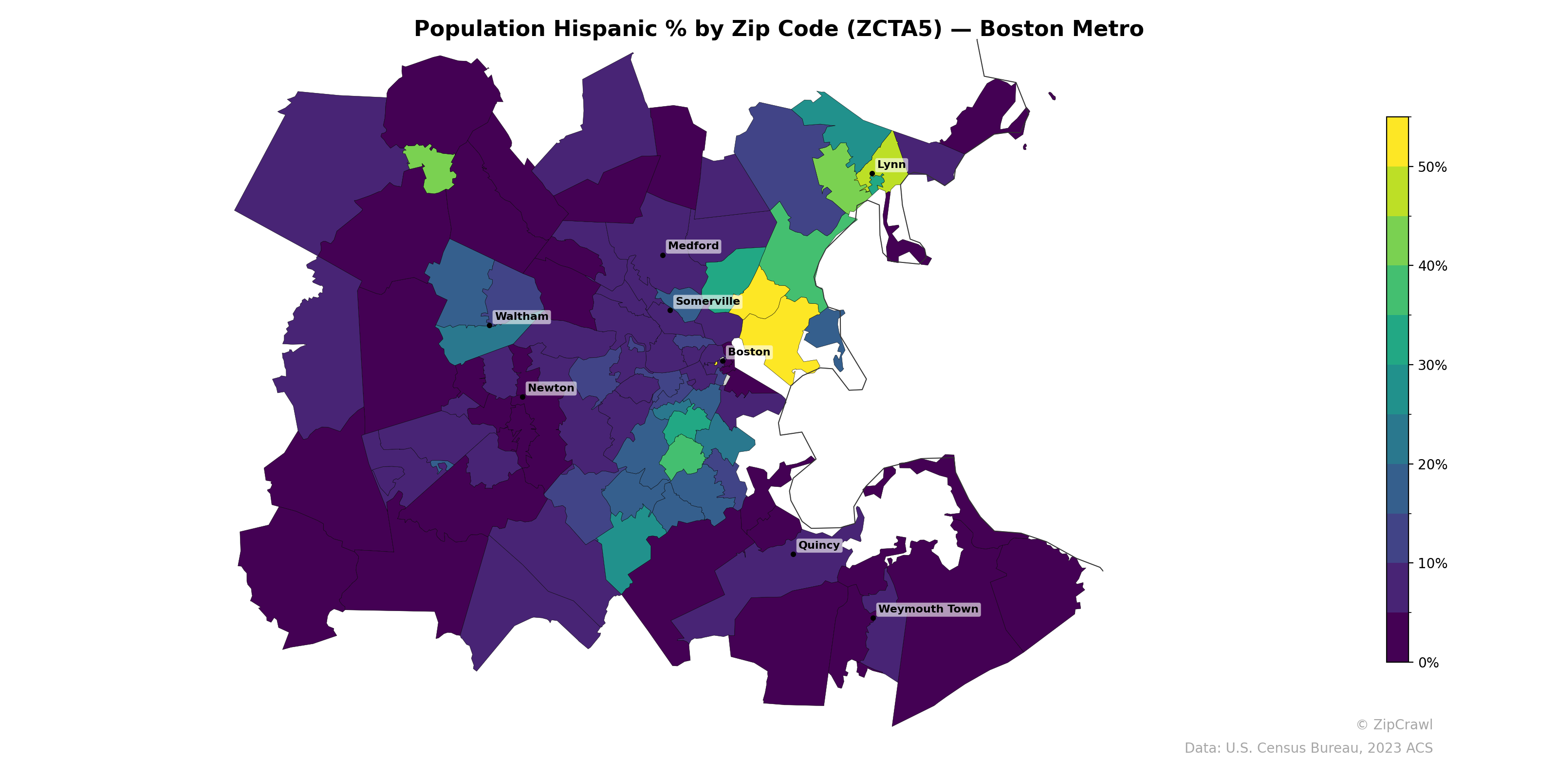 Population Hispanic % by Zip Code (ZCTA5) — Boston Metro