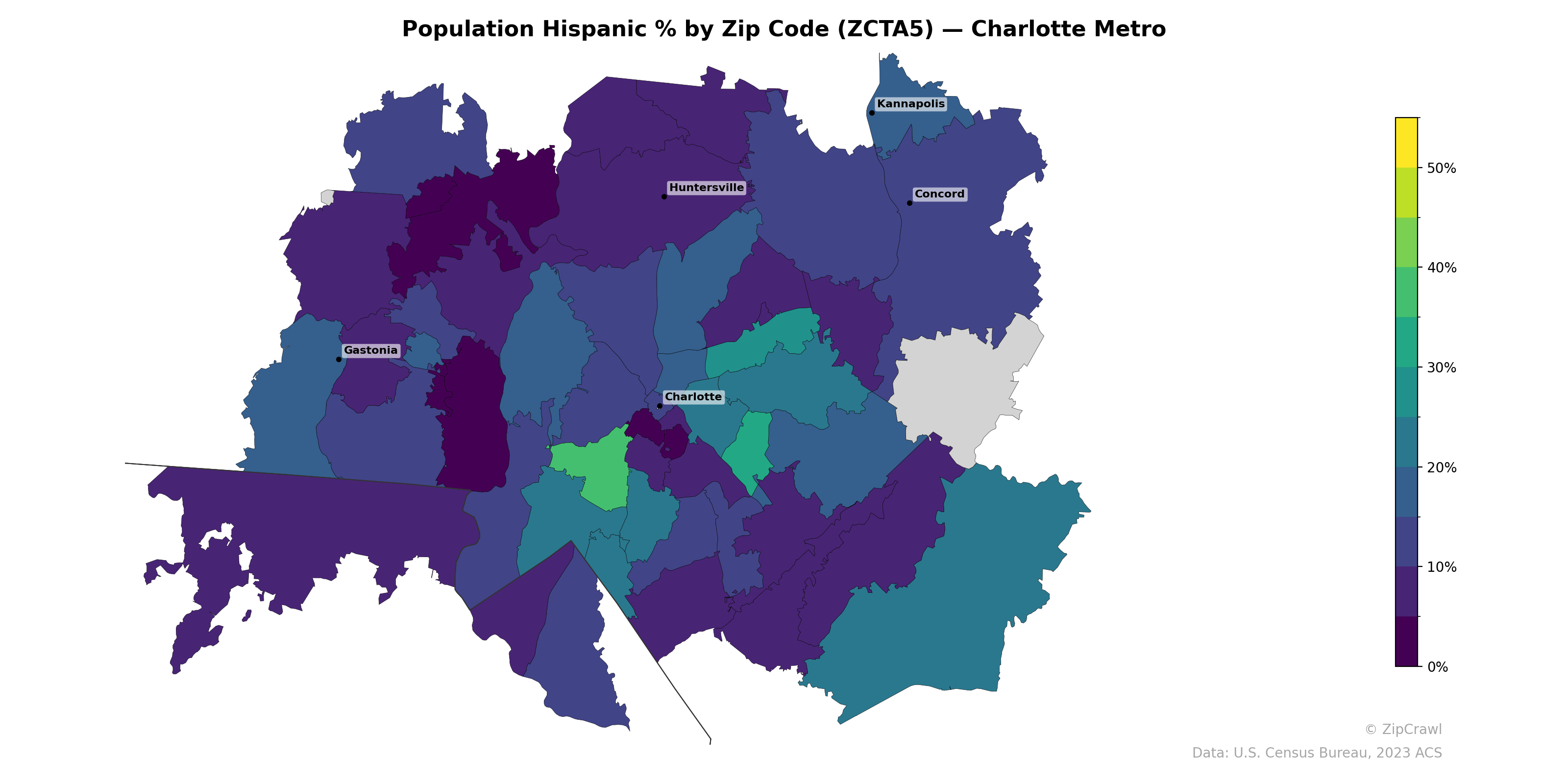 Population Hispanic % by Zip Code (ZCTA5) — Charlotte Metro