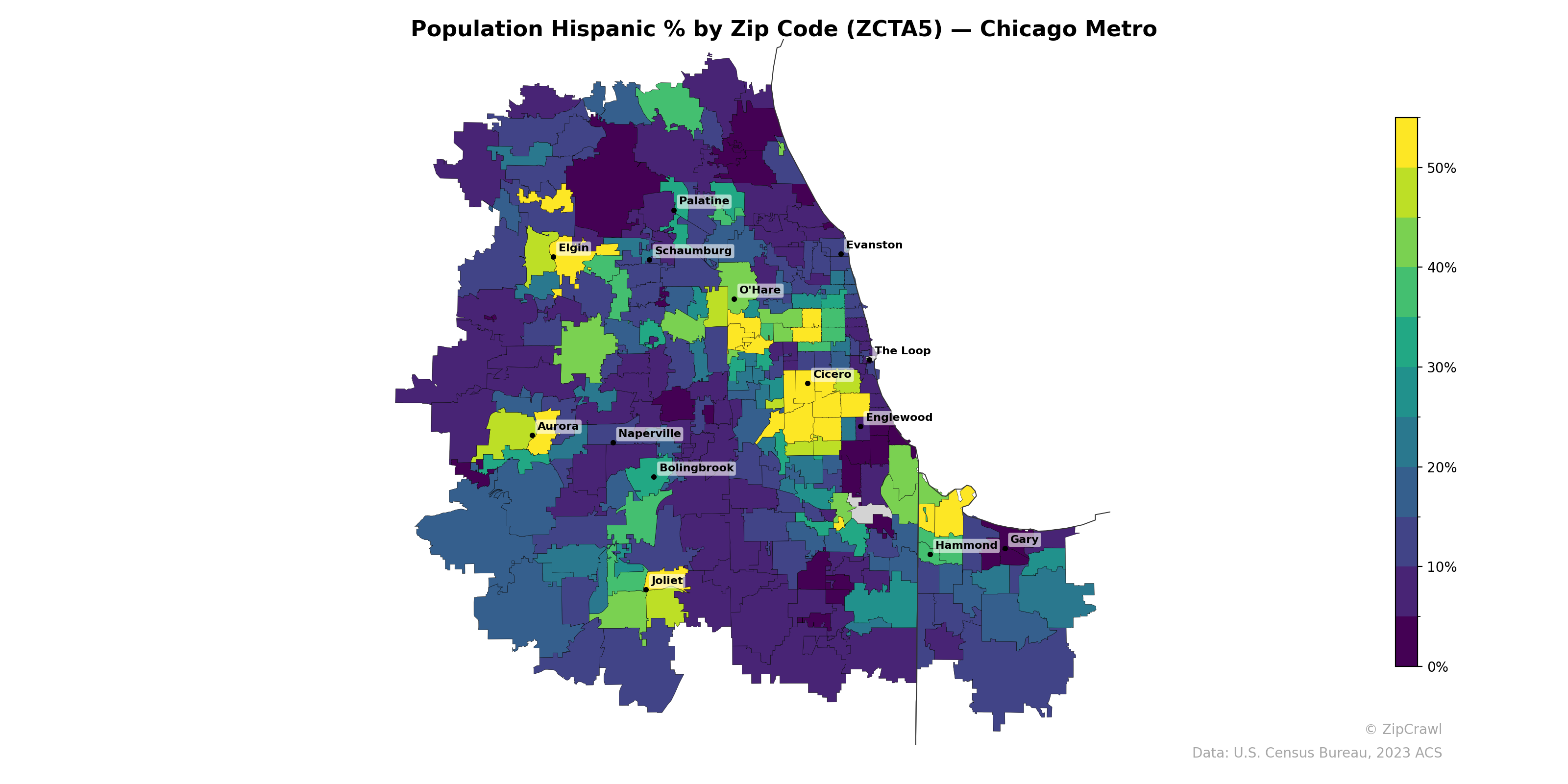 Population Hispanic % by Zip Code (ZCTA5) — Chicago Metro