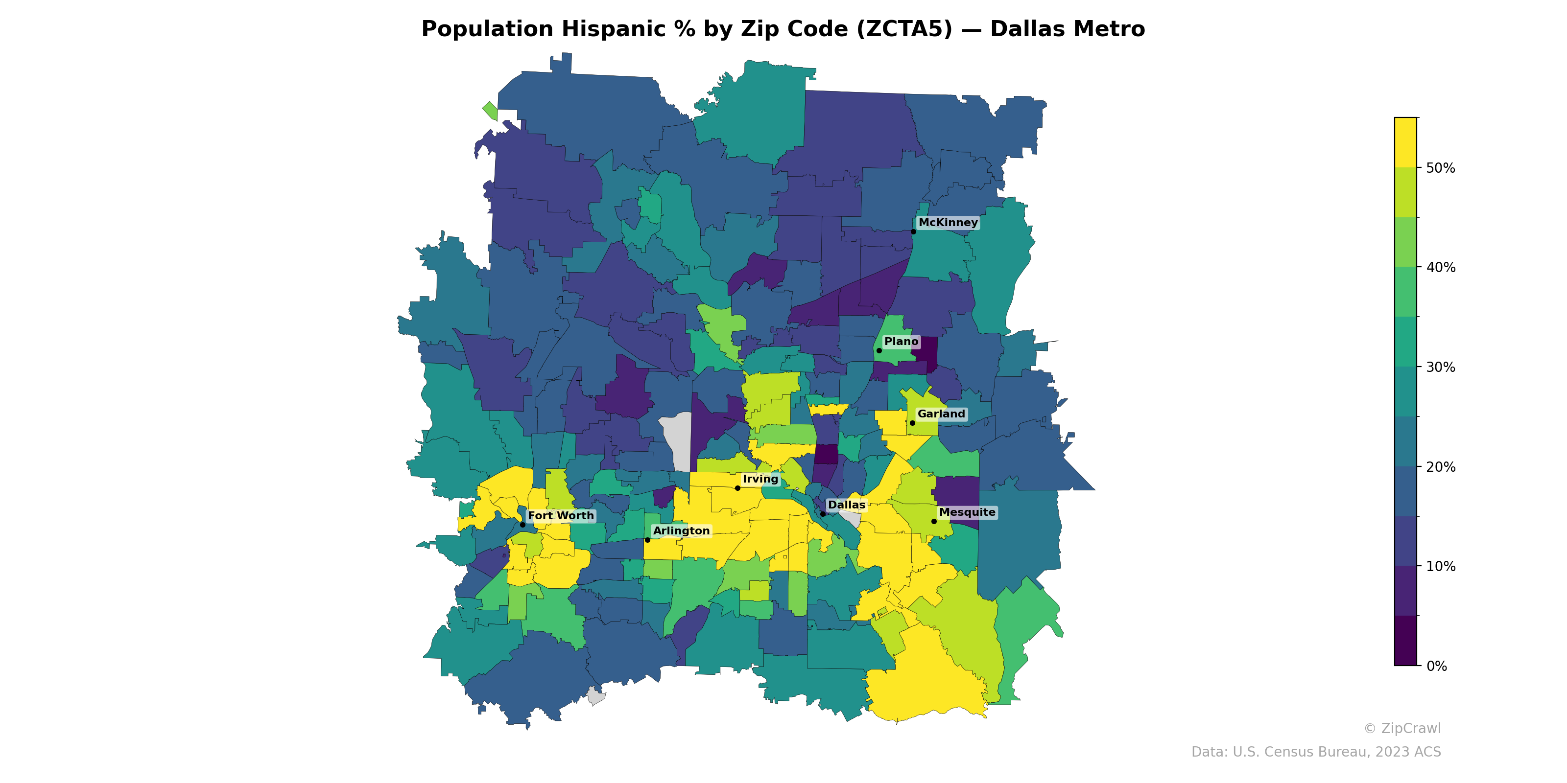 Population Hispanic % by Zip Code (ZCTA5) — Dallas Metro