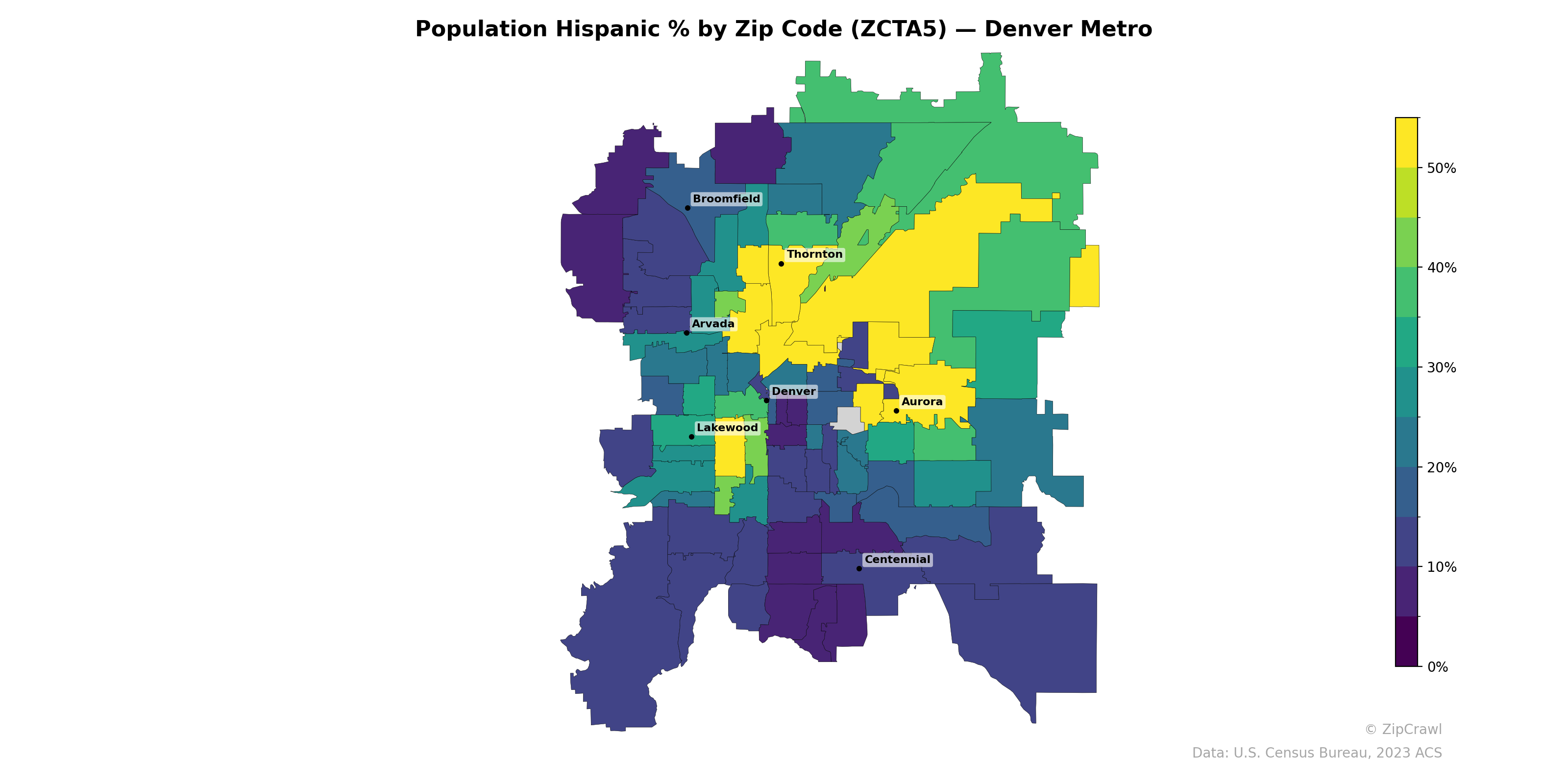 Population Hispanic % by Zip Code (ZCTA5) — Denver Metro