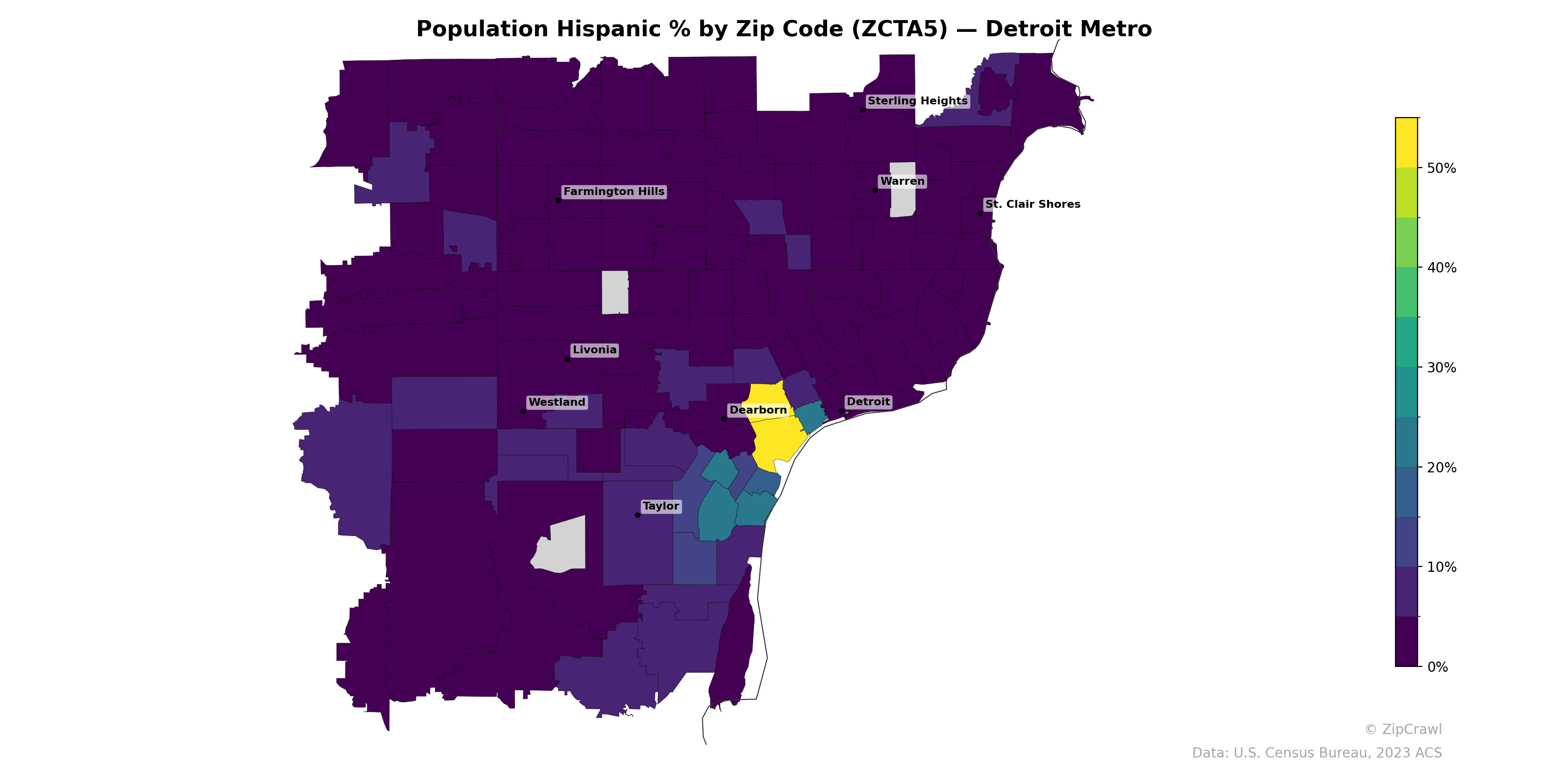 Population Hispanic % by Zip Code (ZCTA5) — Detroit Metro