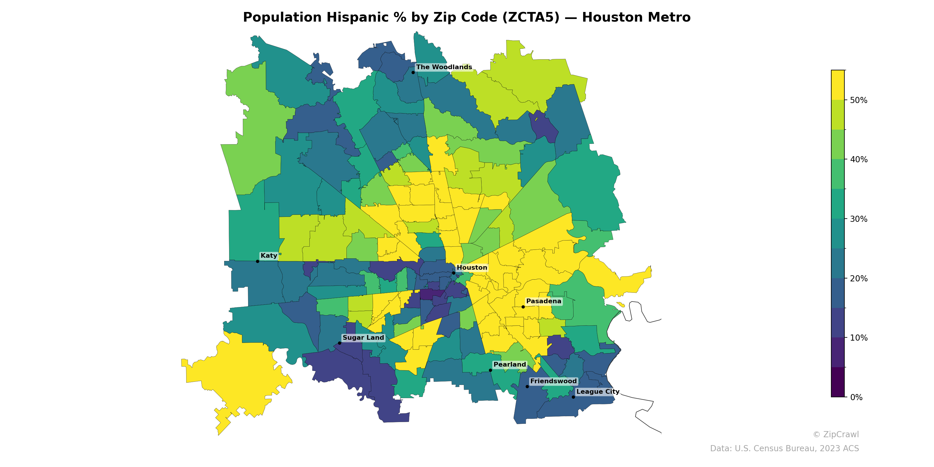 Population Hispanic % by Zip Code (ZCTA5) — Houston Metro