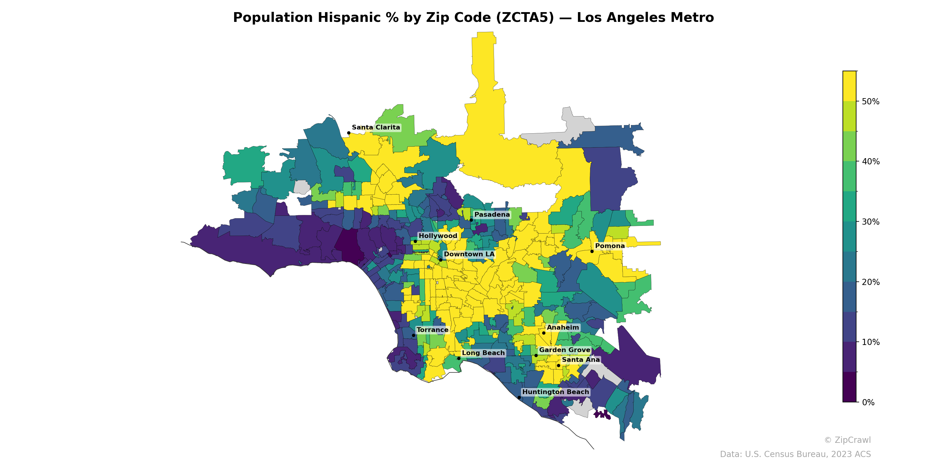 Population Hispanic % by Zip Code (ZCTA5) — Los Angeles Metro