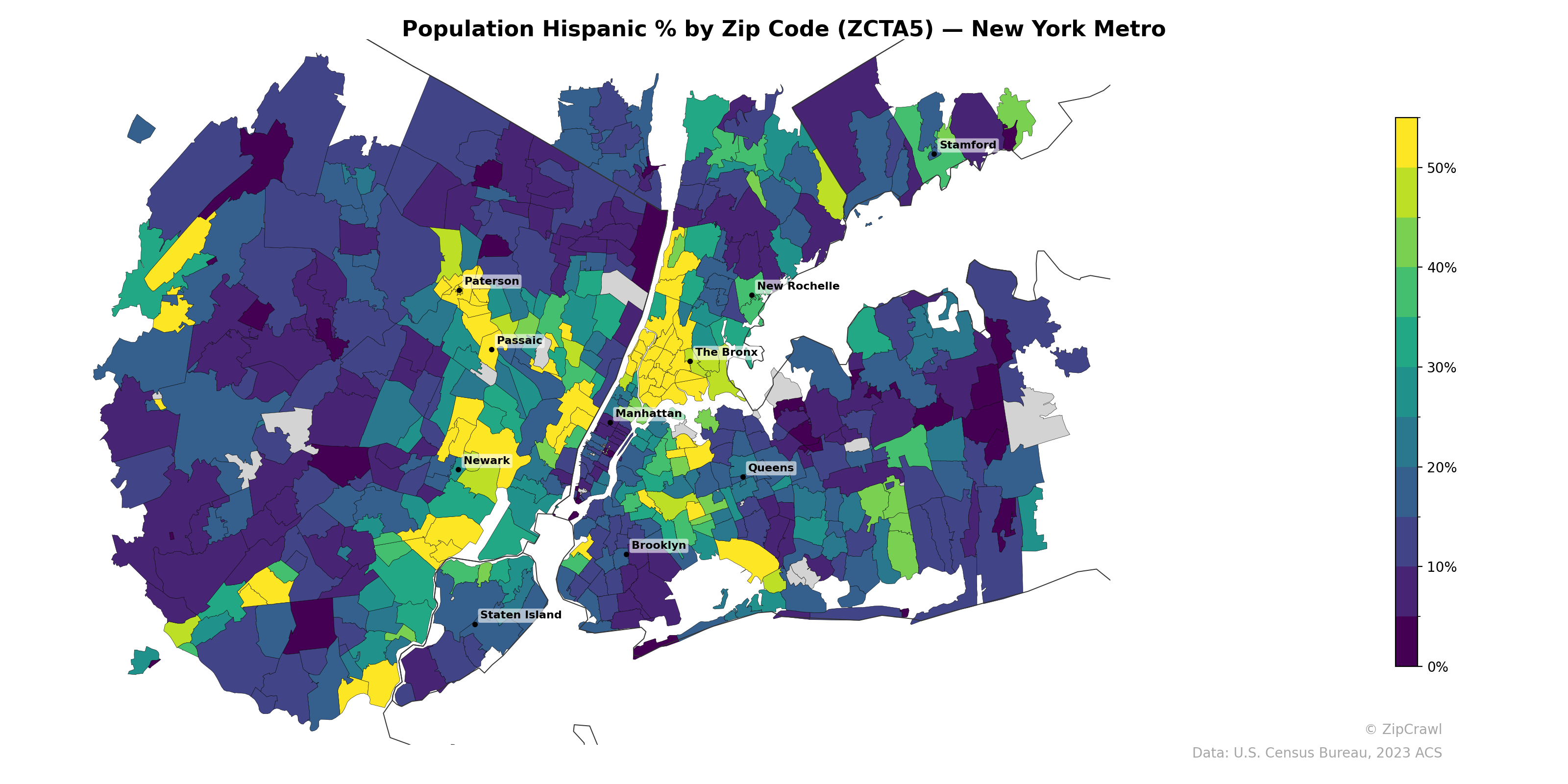 Population Hispanic % by Zip Code (ZCTA5) — New York Metro