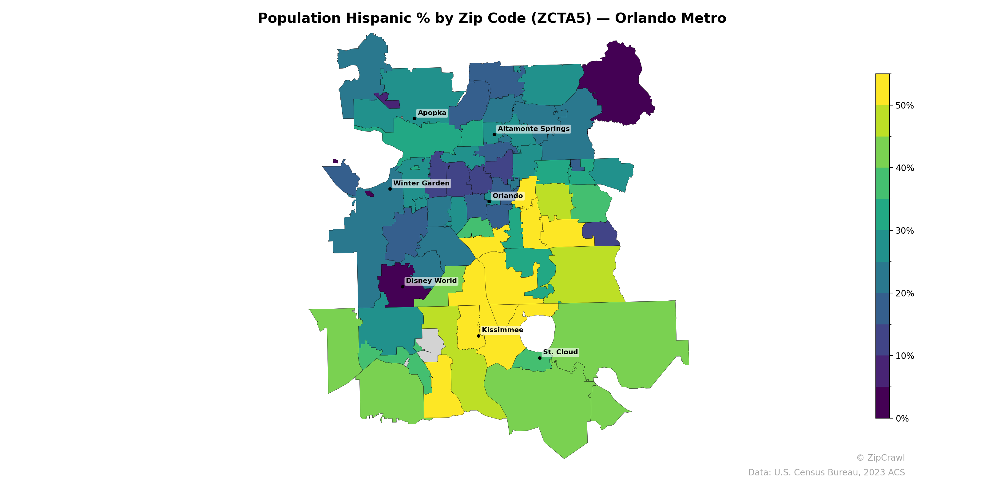 Population Hispanic % by Zip Code (ZCTA5) — Orlando Metro