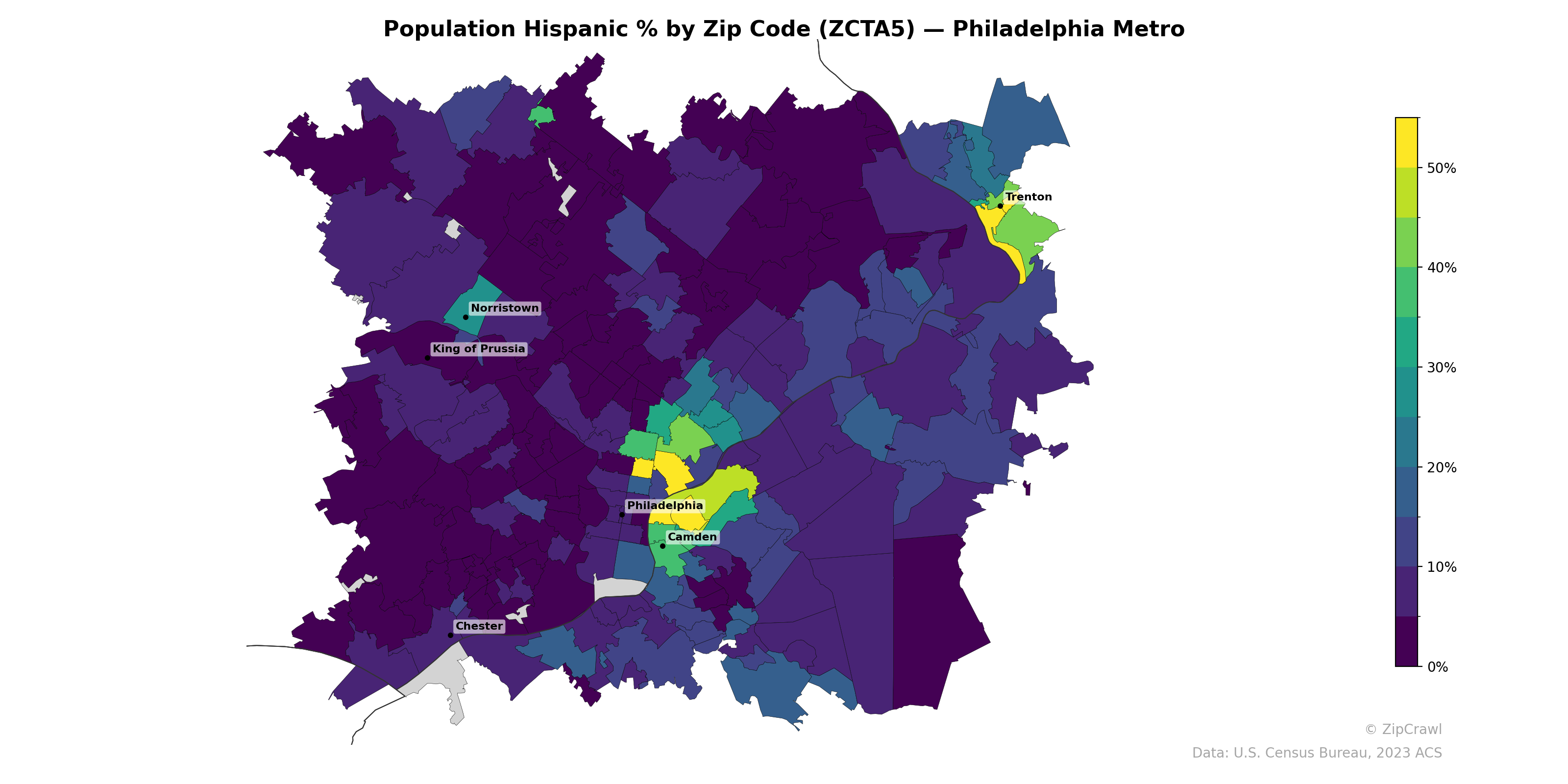 Population Hispanic % by Zip Code (ZCTA5) — Philadelphia Metro