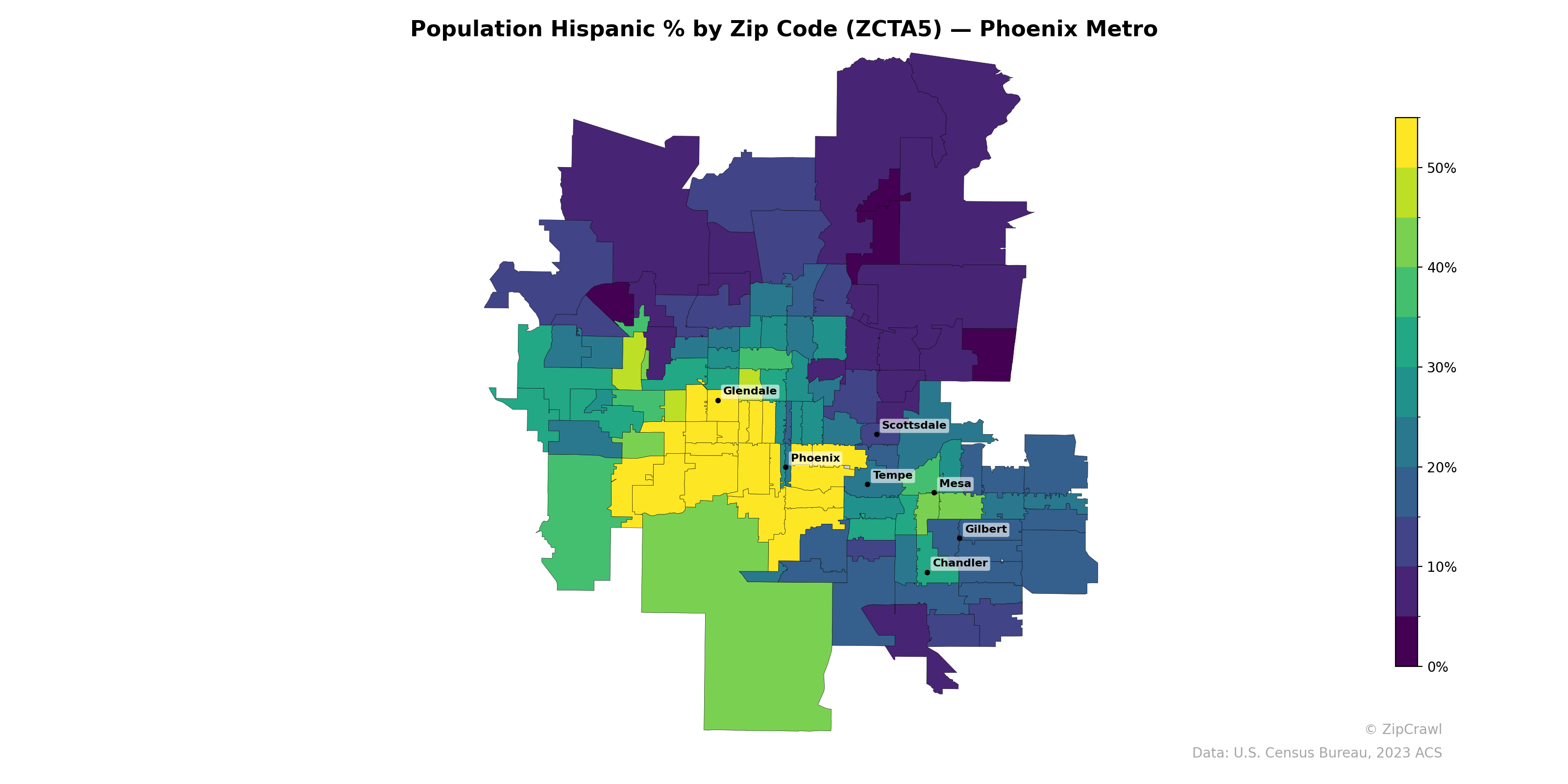 Population Hispanic % by Zip Code (ZCTA5) — Phoenix Metro