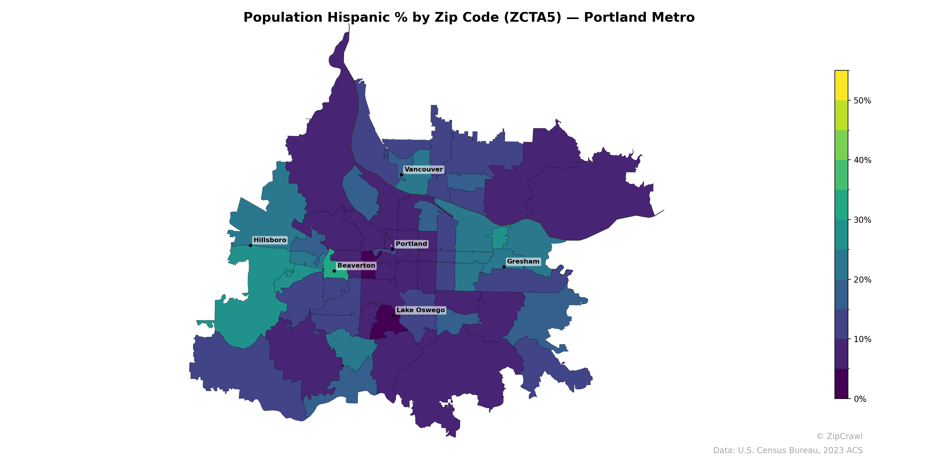 Population Hispanic % by Zip Code (ZCTA5) — Portland Metro