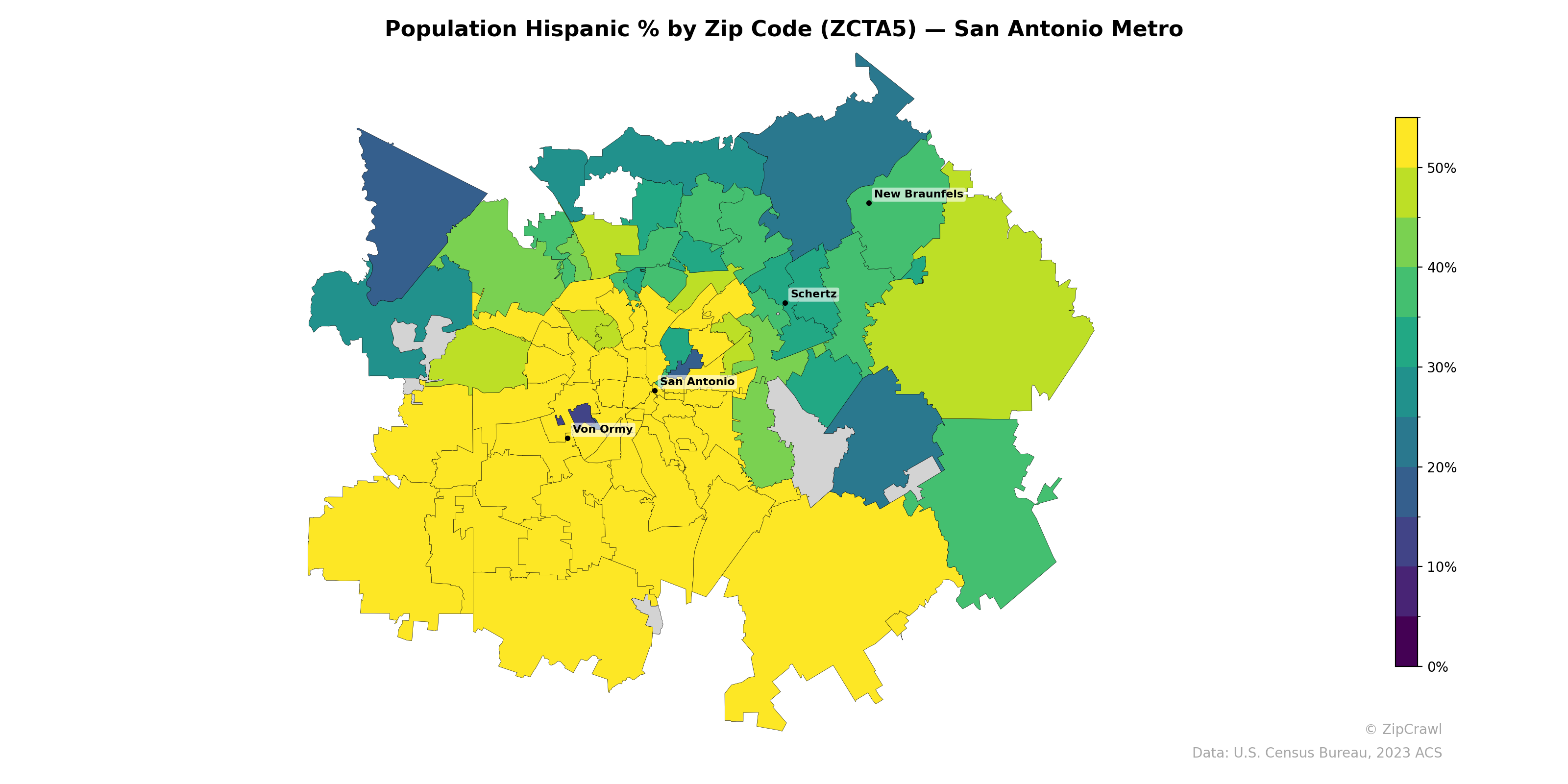 Population Hispanic % by Zip Code (ZCTA5) — San Antonio Metro