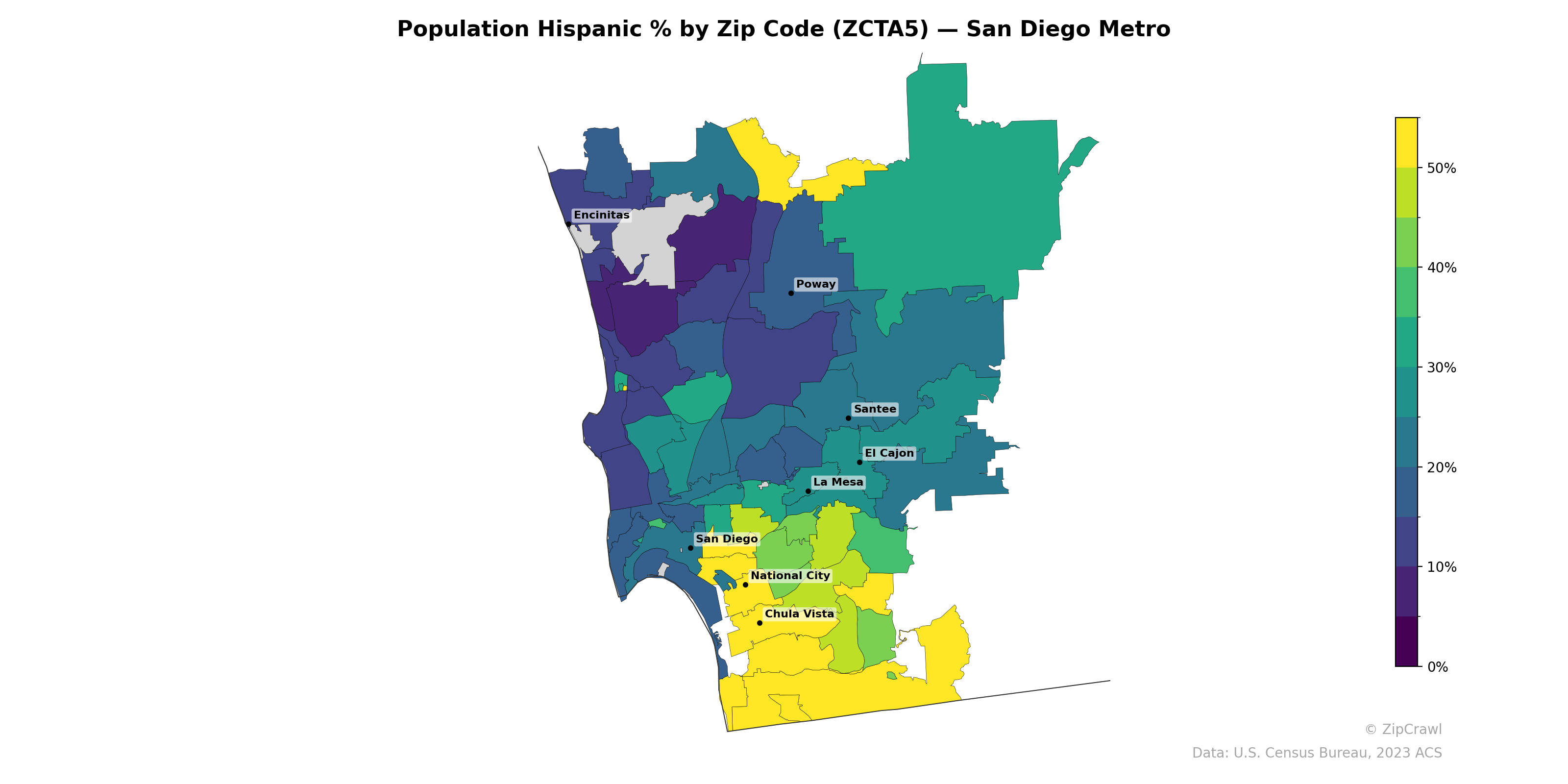 Population Hispanic % by Zip Code (ZCTA5) — San Diego Metro