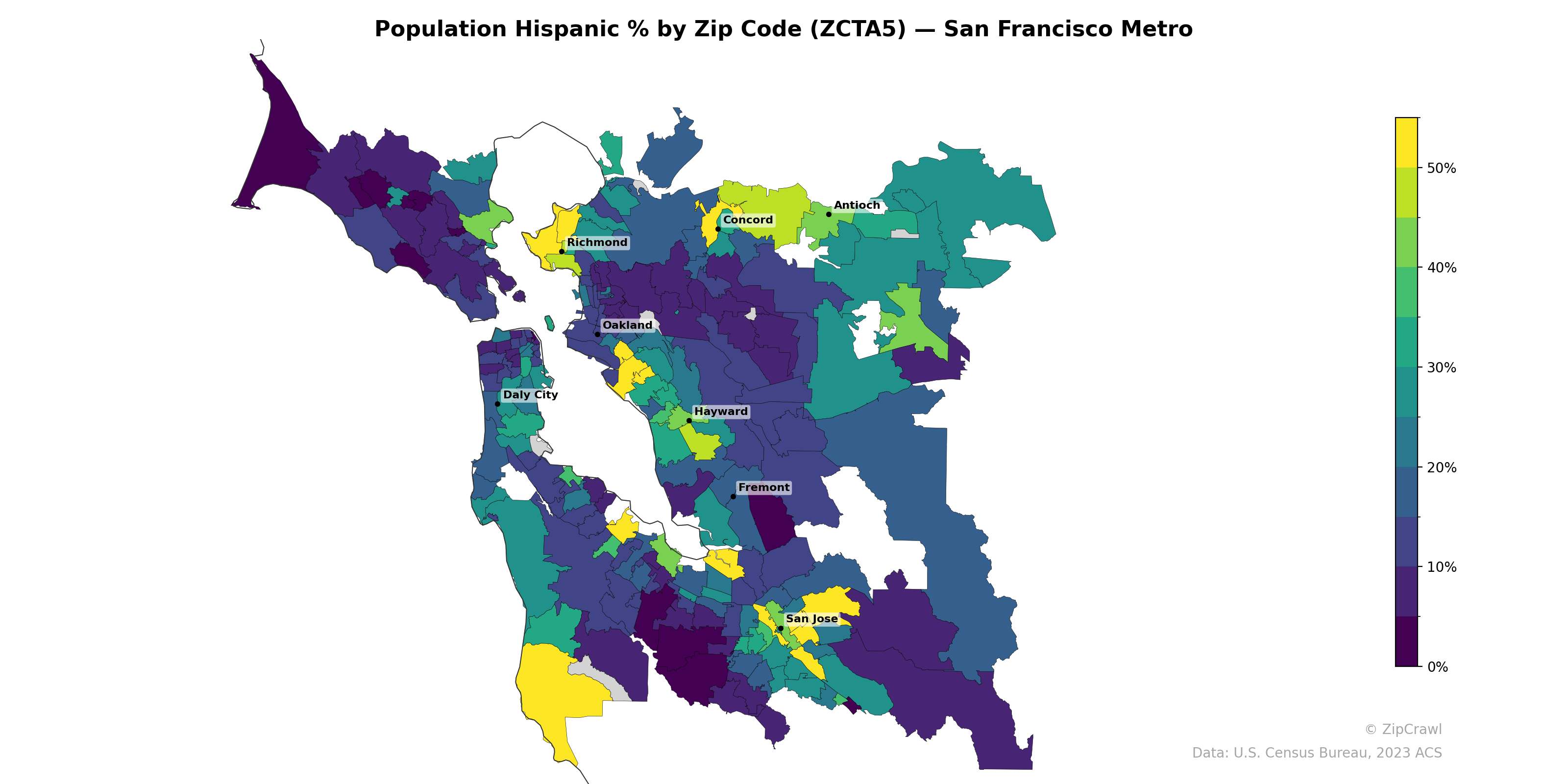 Population Hispanic % by Zip Code (ZCTA5) — San Francisco Metro