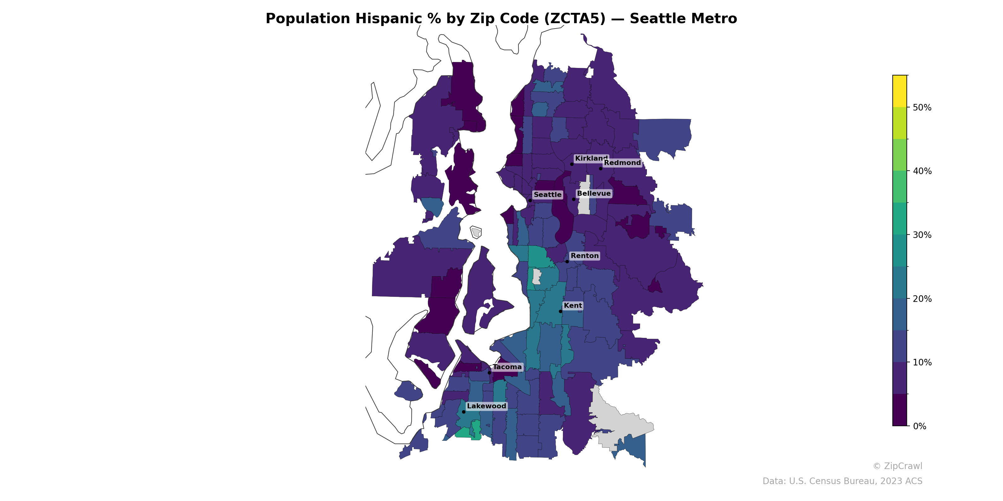 Population Hispanic % by Zip Code (ZCTA5) — Seattle Metro