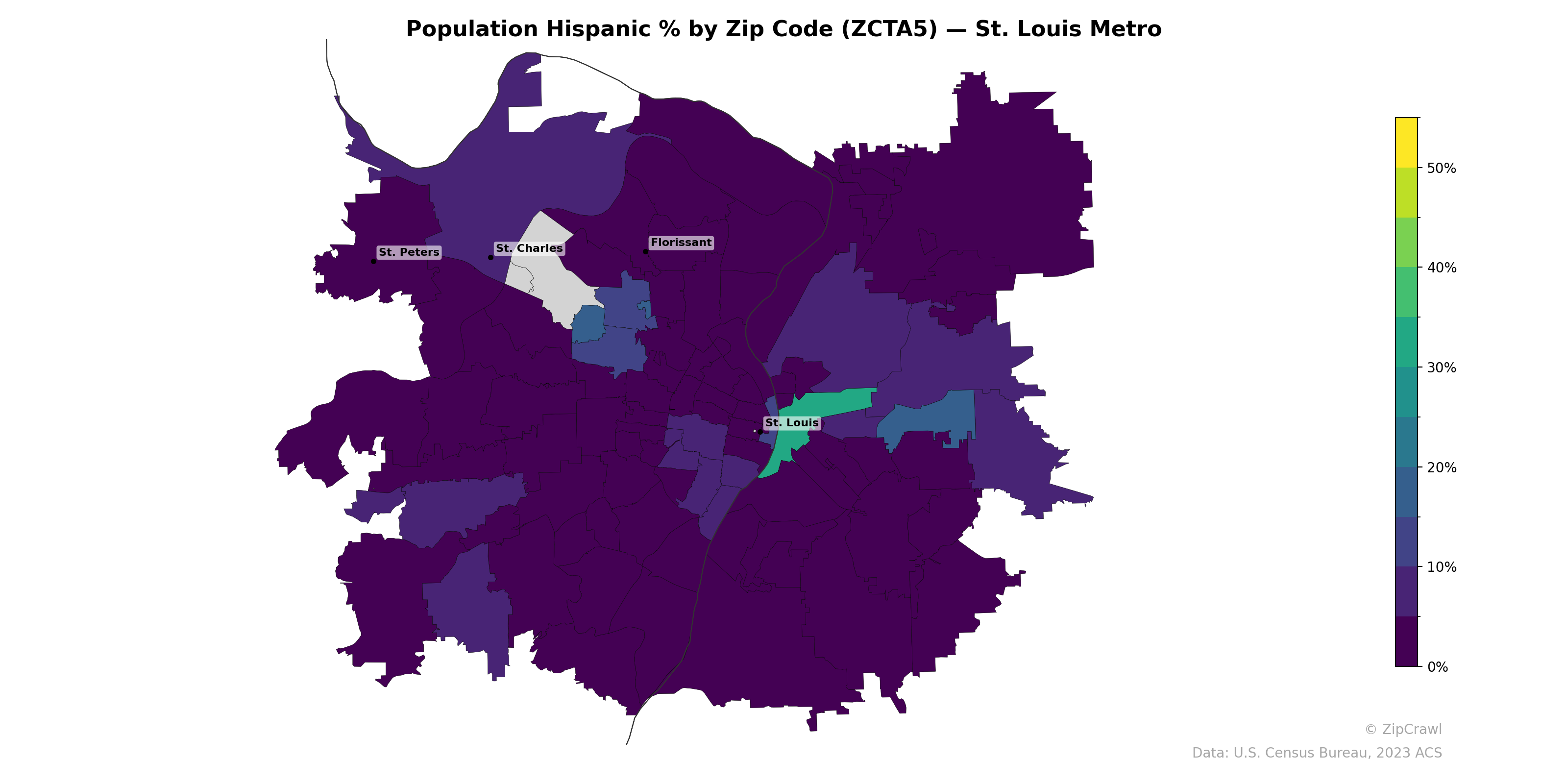 Population Hispanic % by Zip Code (ZCTA5) — St. Louis Metro